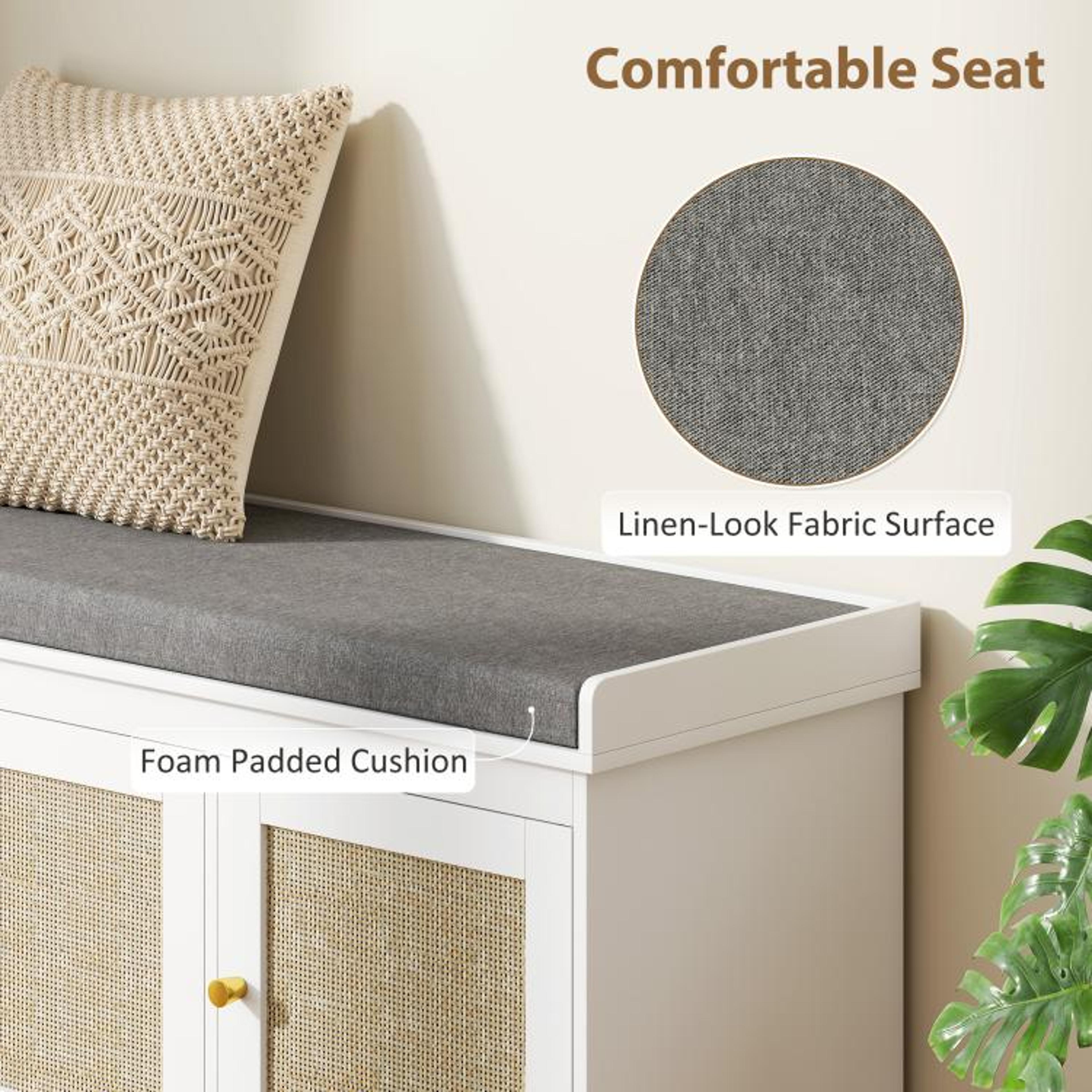 Shoe Storage Bench With Woven Rattan Doors And Cushioned Seat White 5