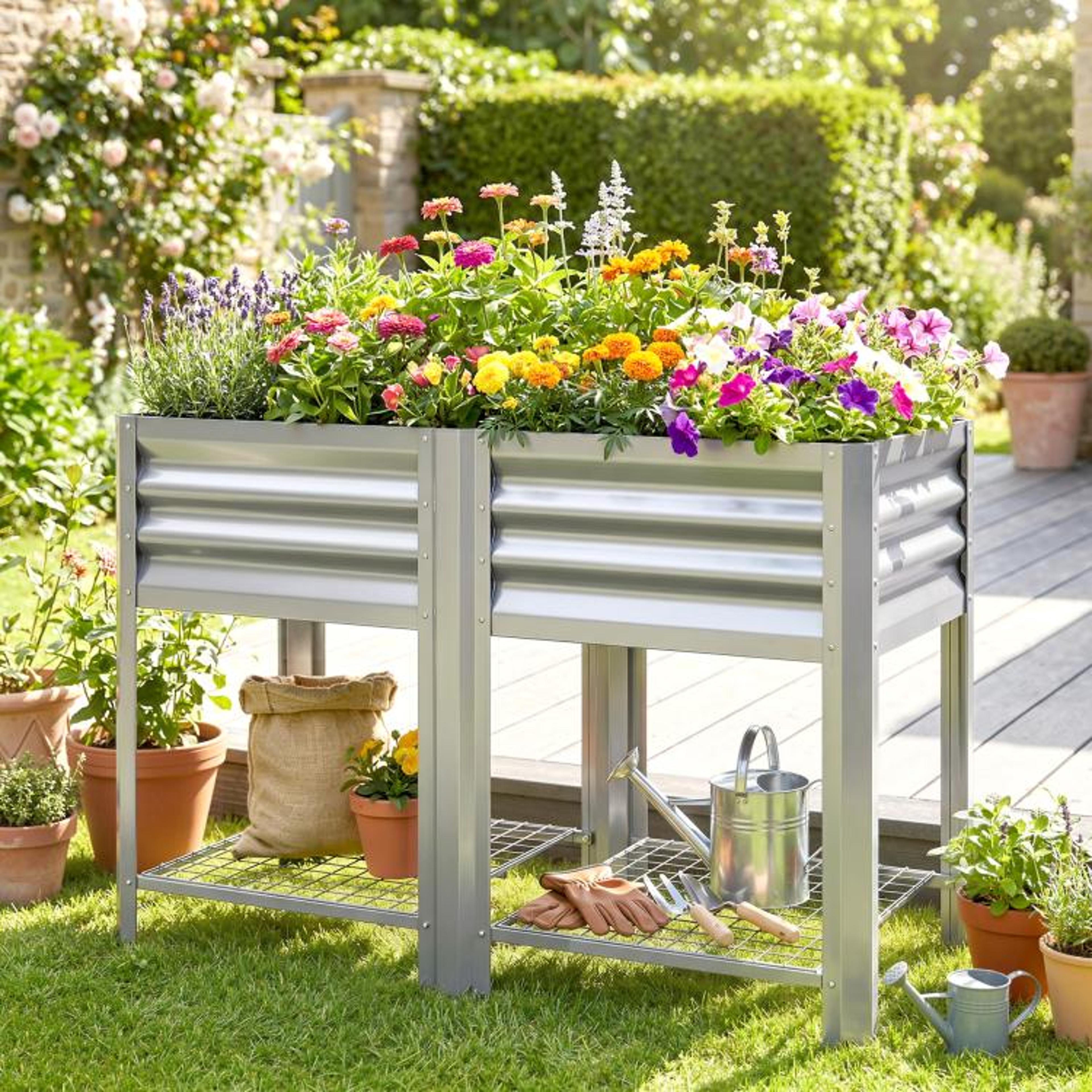 Galvanized Steel Raised Garden Bed With Storage Shelf And 315Inch Height 3