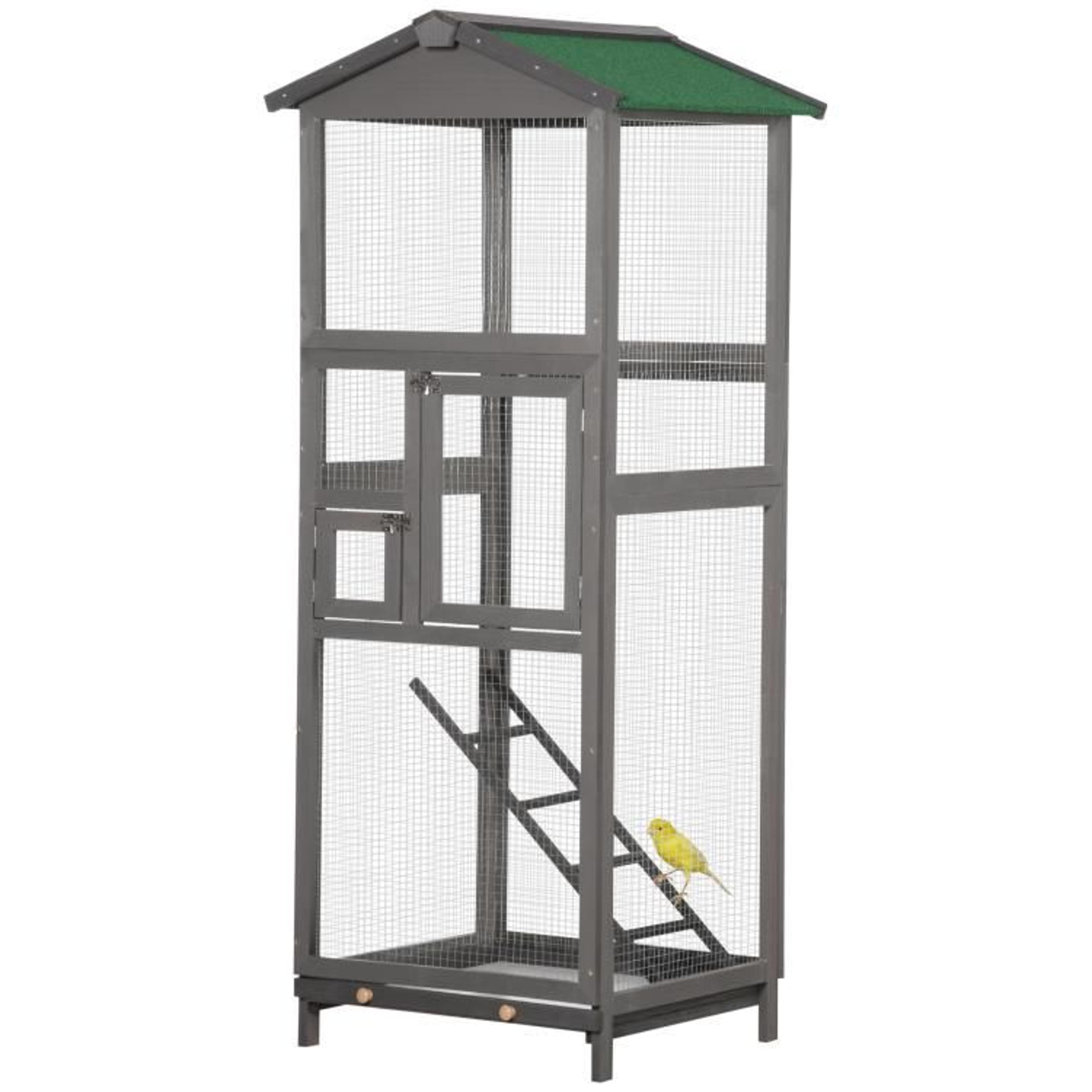 65 Inch Wooden Outdoor Bird Aviary Cage With 2 Doors And PullOut Tray  Gray 1