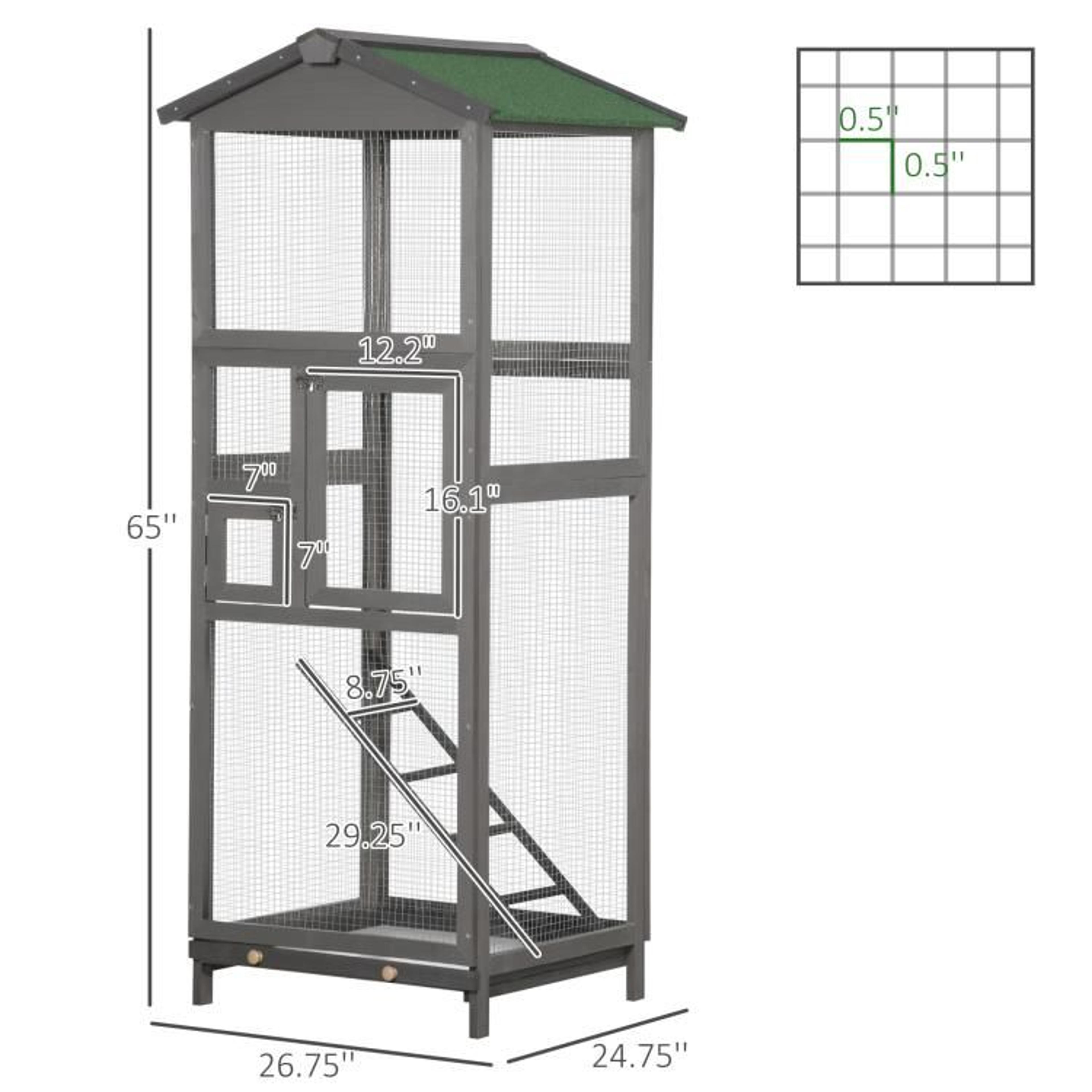 65 Inch Wooden Outdoor Bird Aviary Cage With 2 Doors And PullOut Tray  Gray 3