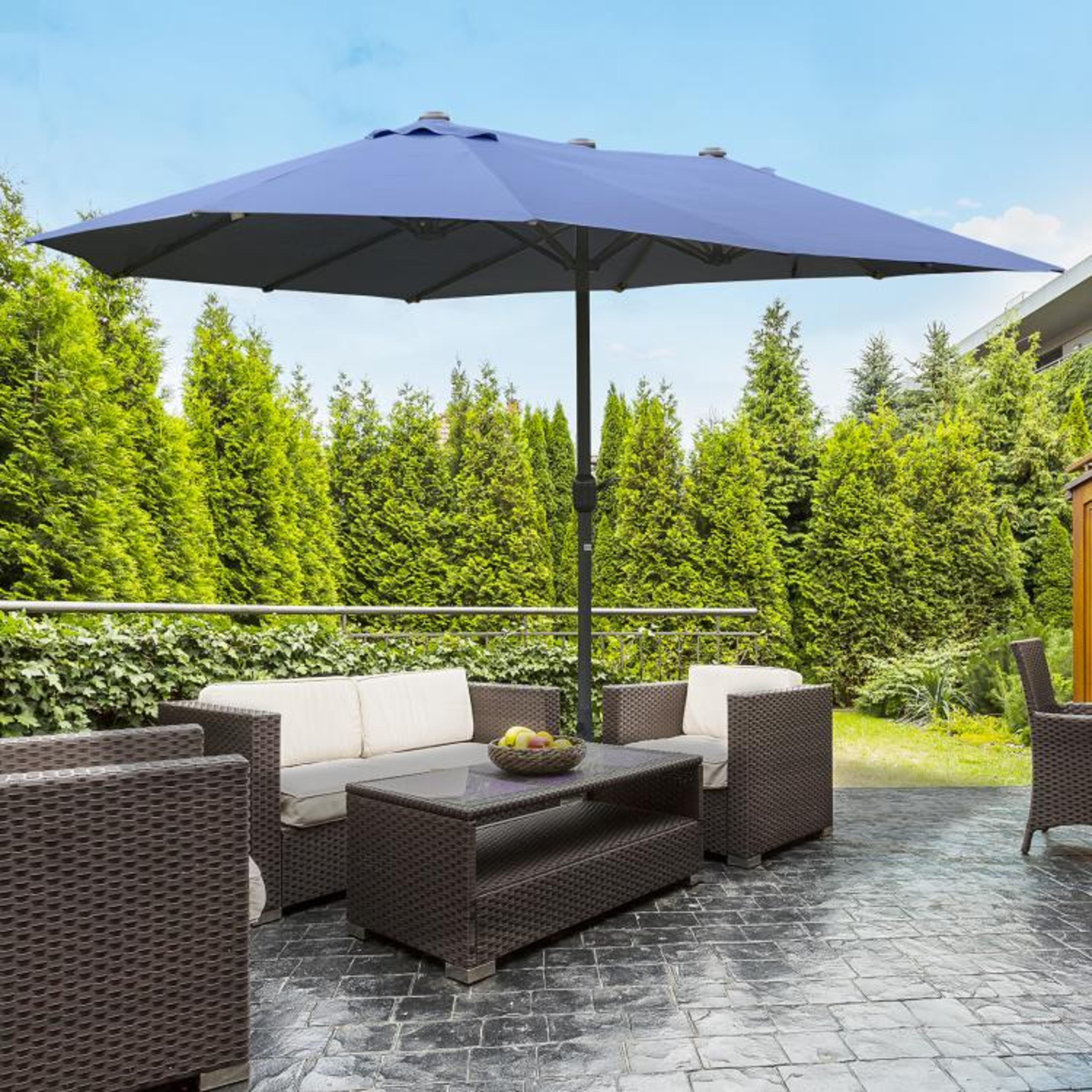 15 Ft DoubleSided Rectangular Patio Umbrella With Crank And Base  Dark Blue 2