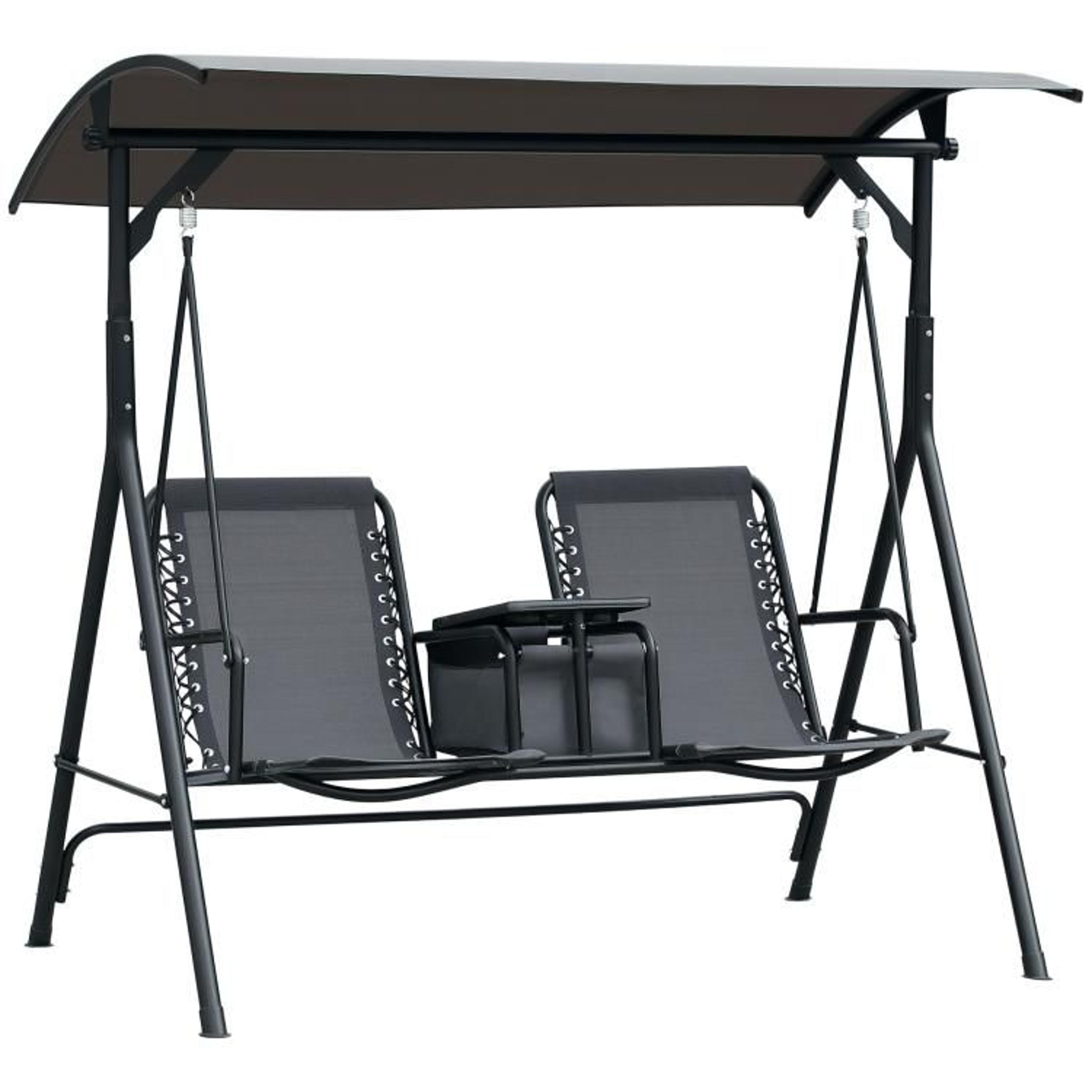 2 person outdoor porch swing with adjustable canopy and storage table gray