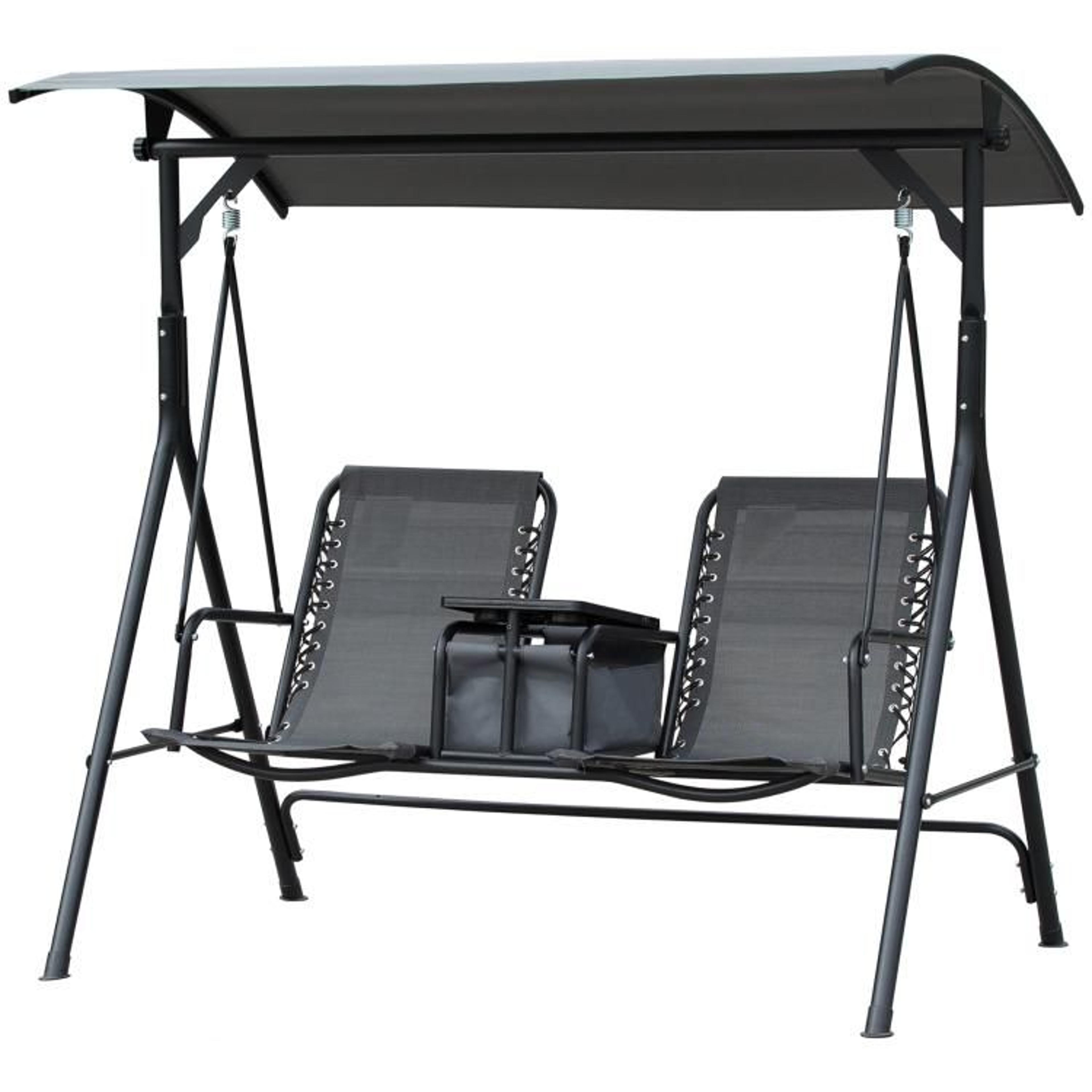2 Person Outdoor Porch Swing With Adjustable Canopy And Storage Table  Gray 1
