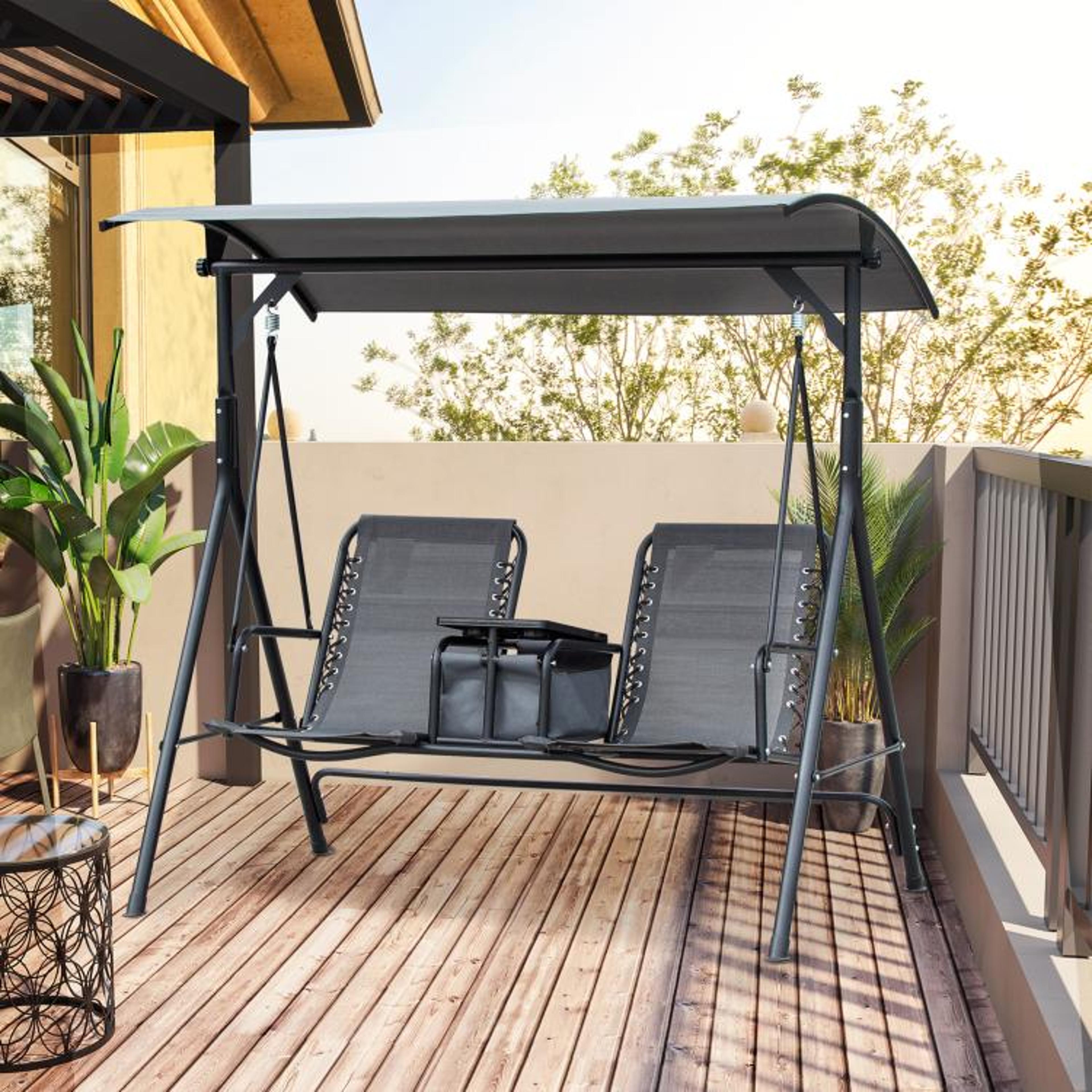 2 Person Outdoor Porch Swing With Adjustable Canopy And Storage Table  Gray 2