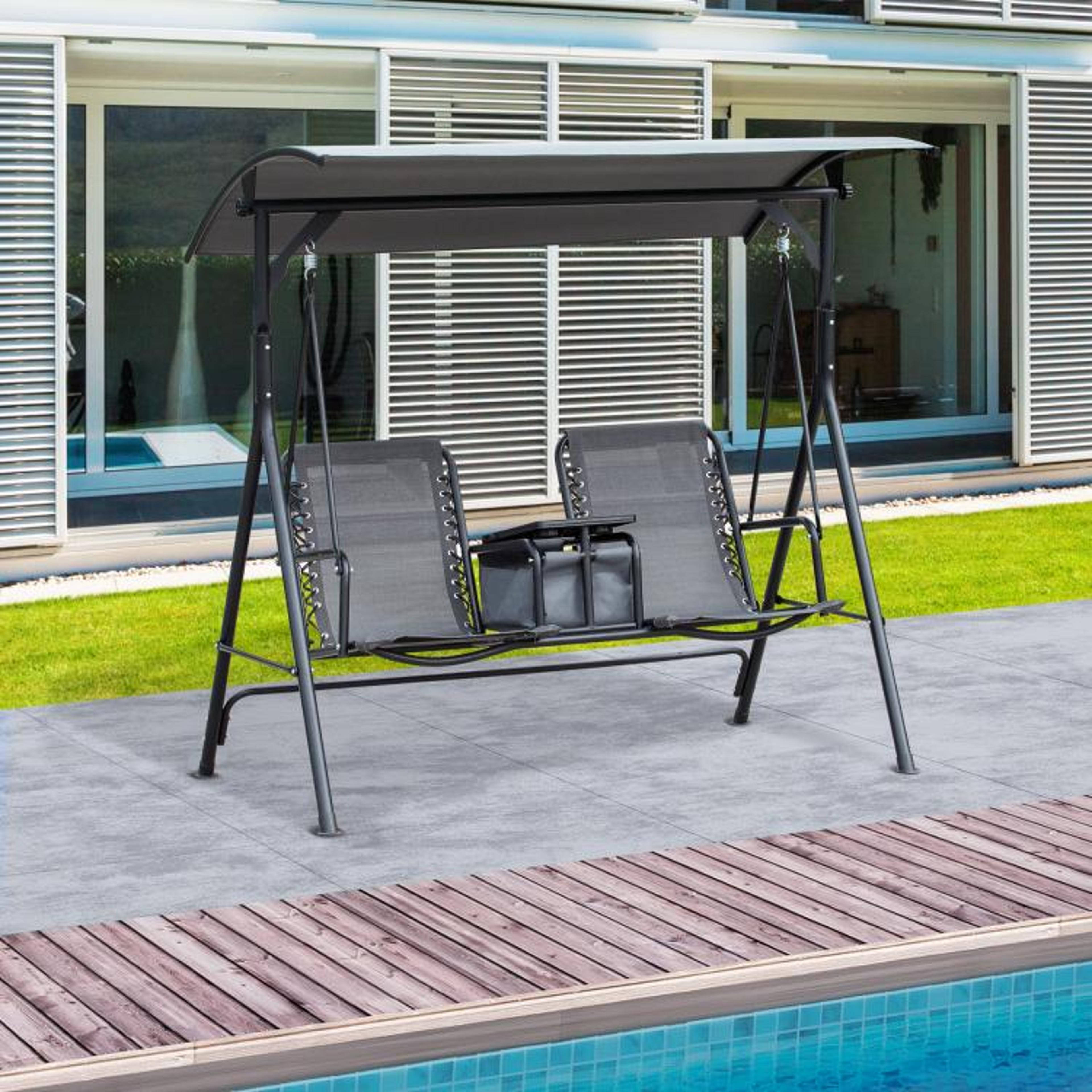 2 Person Outdoor Porch Swing With Adjustable Canopy And Storage Table  Gray 3