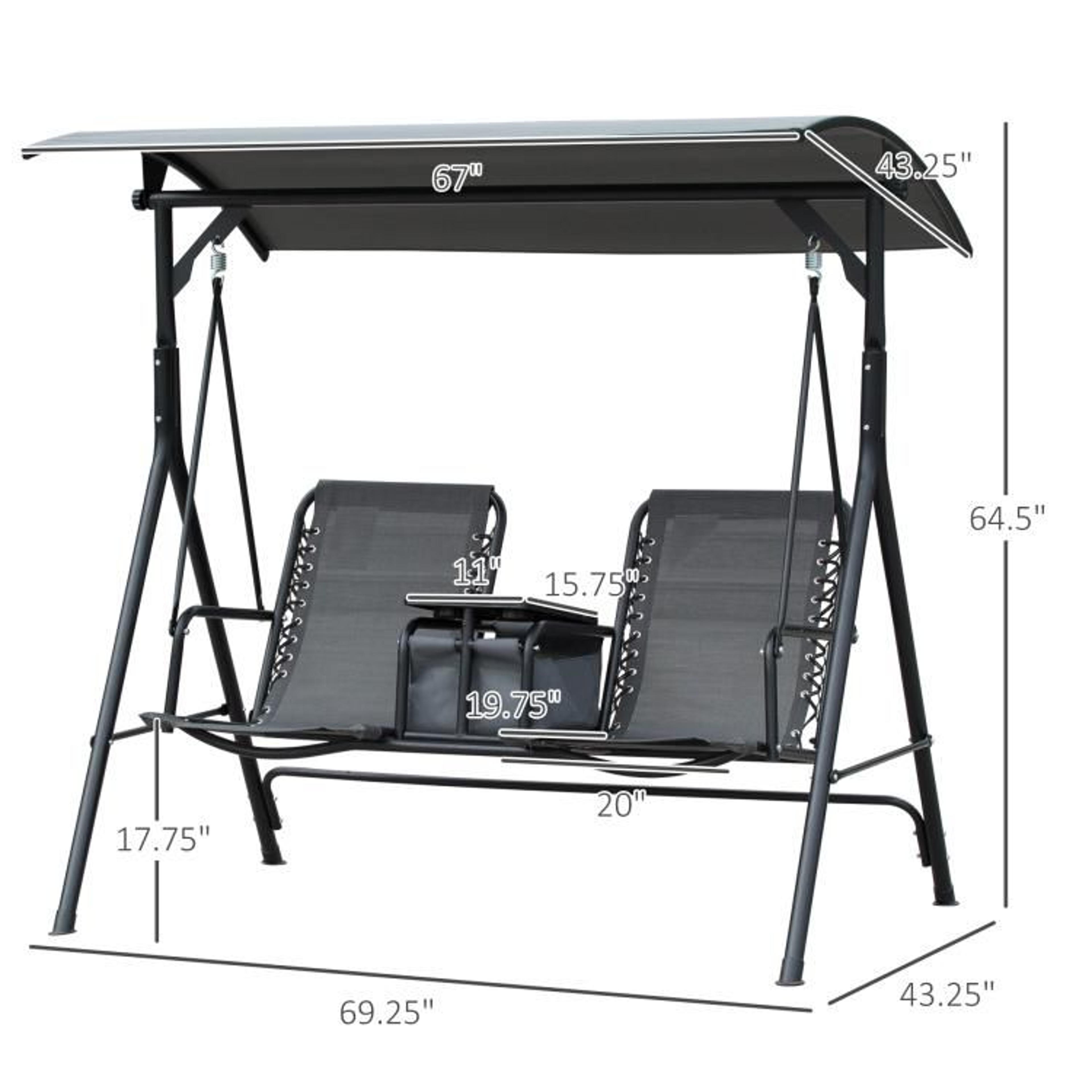 2 Person Outdoor Porch Swing With Adjustable Canopy And Storage Table  Gray 4