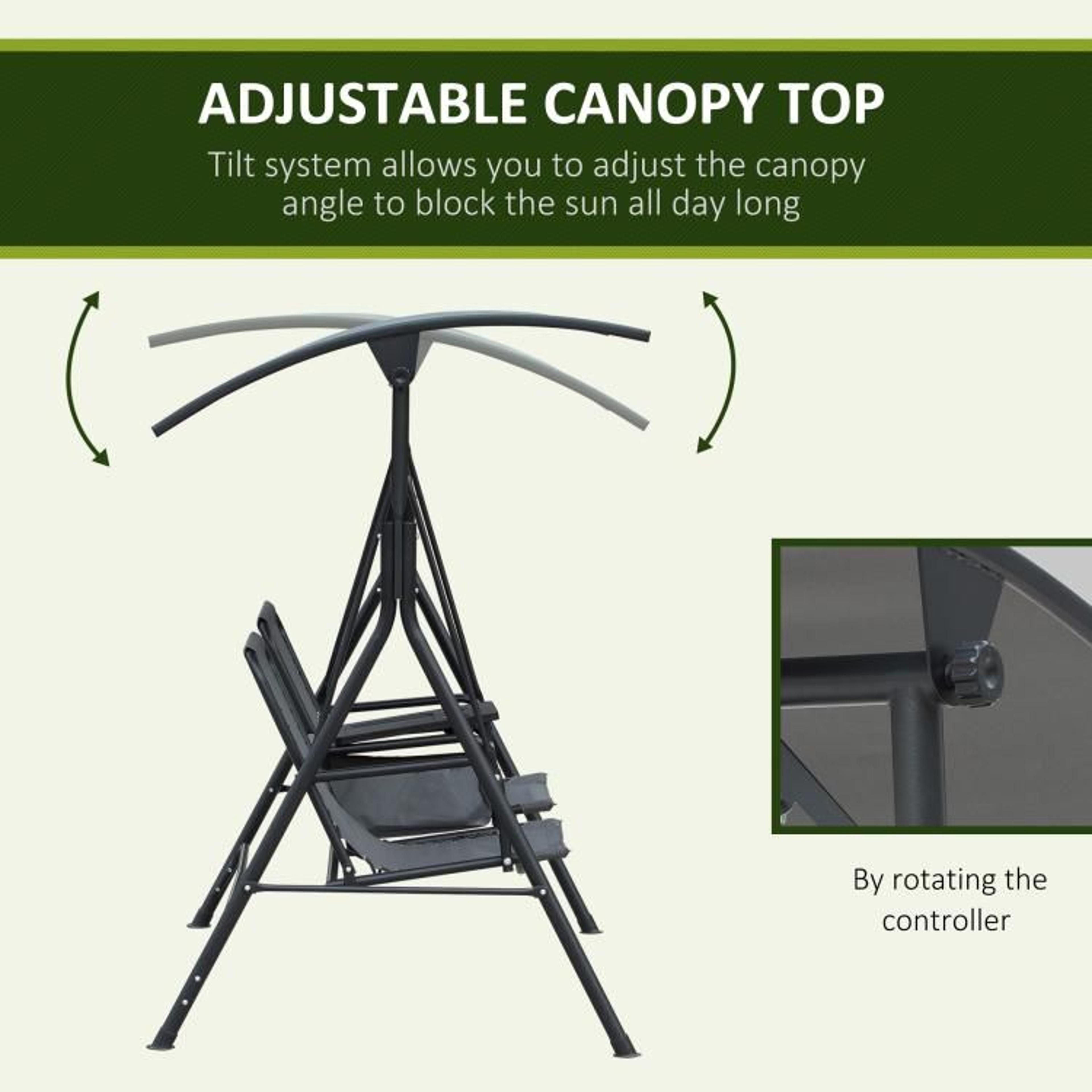 2 Person Outdoor Porch Swing With Adjustable Canopy And Storage Table  Gray 5