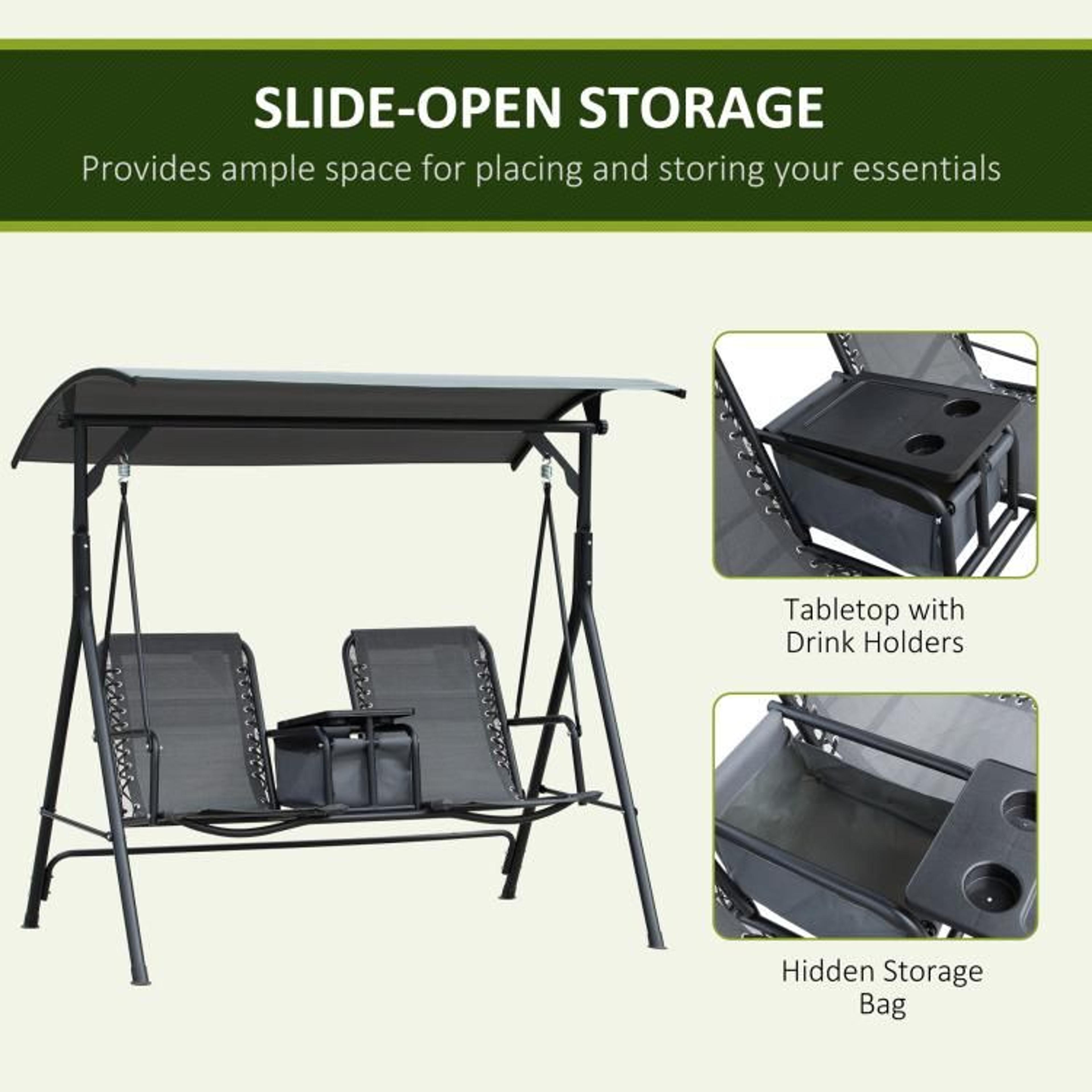 2 Person Outdoor Porch Swing With Adjustable Canopy And Storage Table  Gray 6