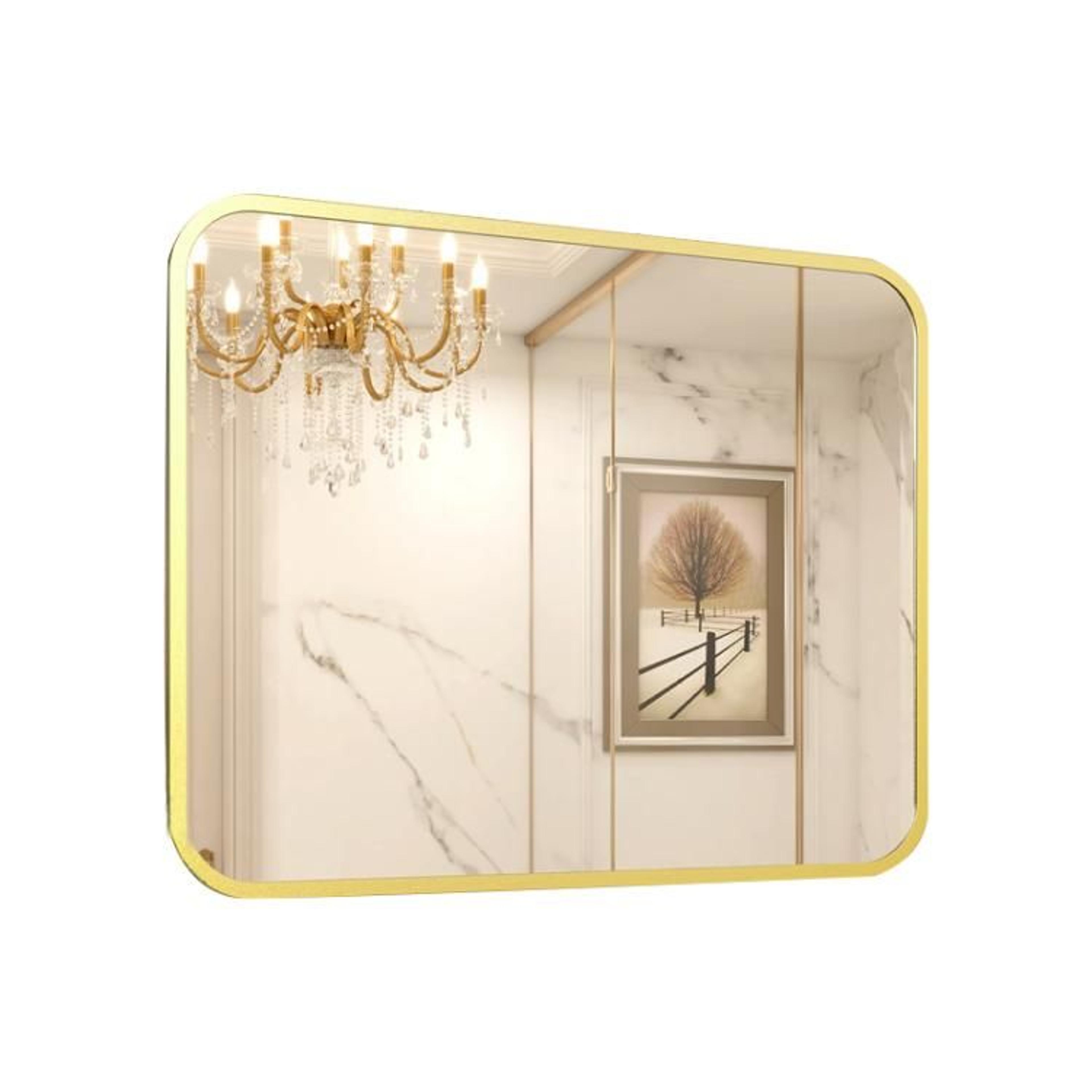 gold bathroom vanity mirror with rounded corners and seamless aluminum frame