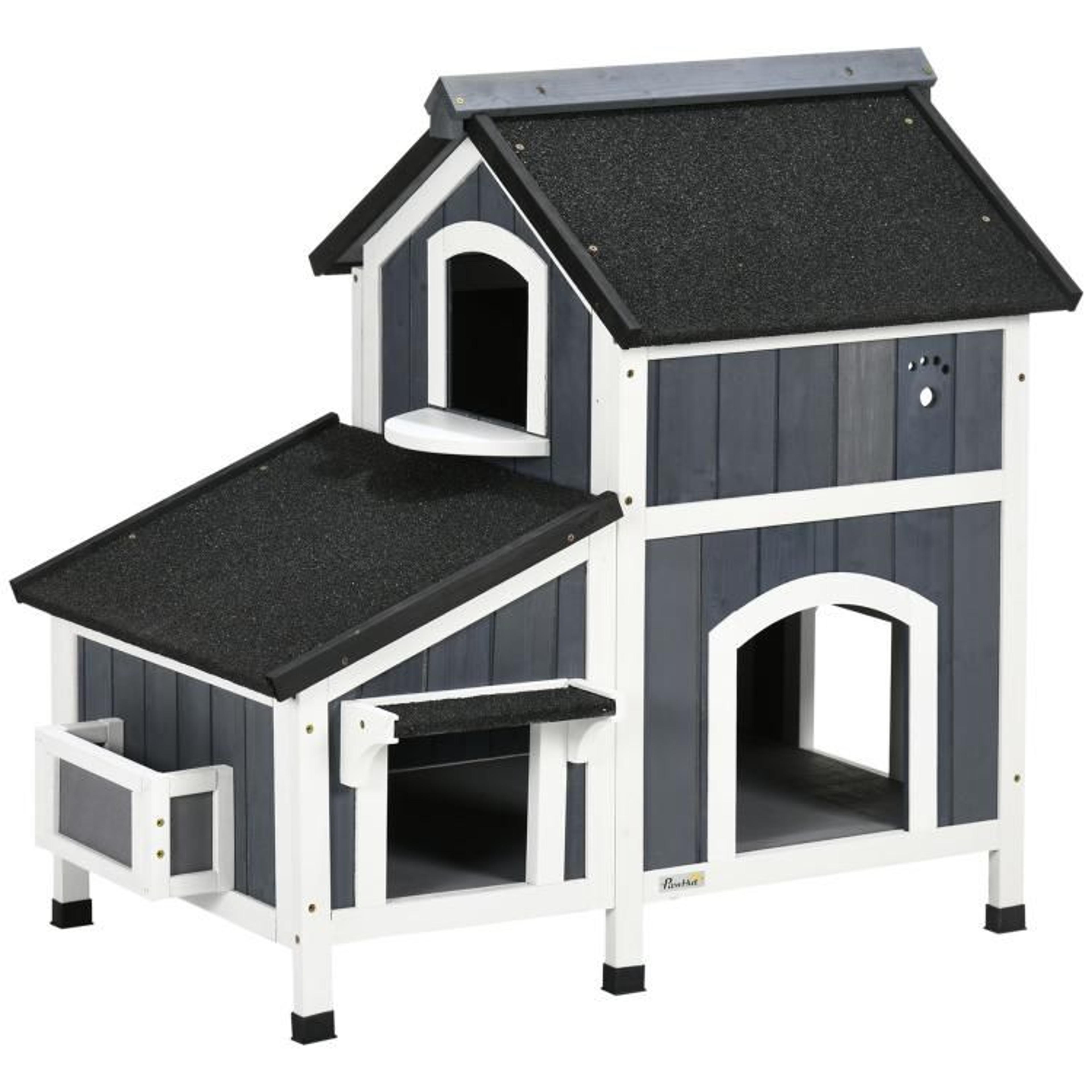 outdoor cat house with weather-resistant roof and garden bed gray