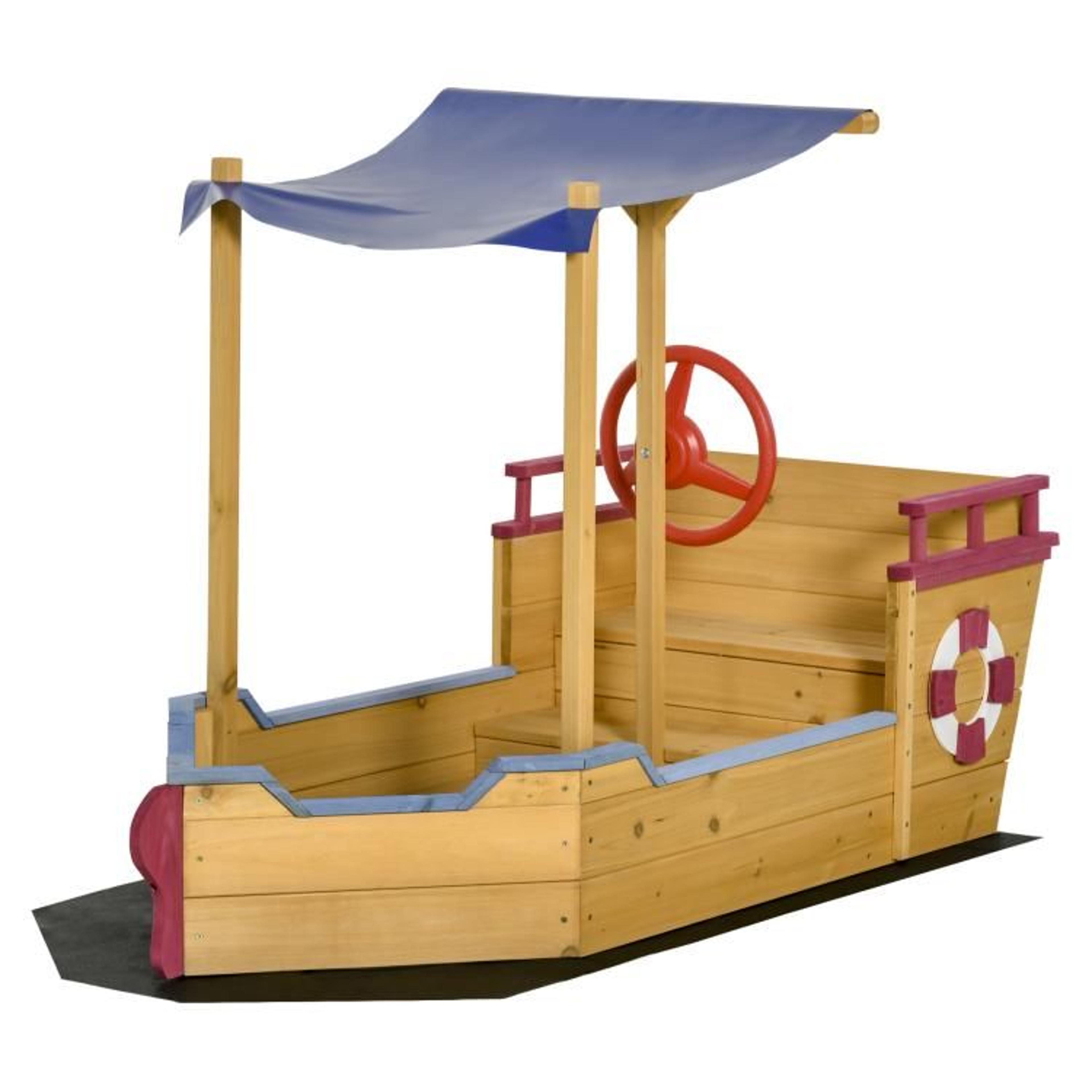 Kids Wooden Boat Sandbox With Canopy And Storage Bench 1