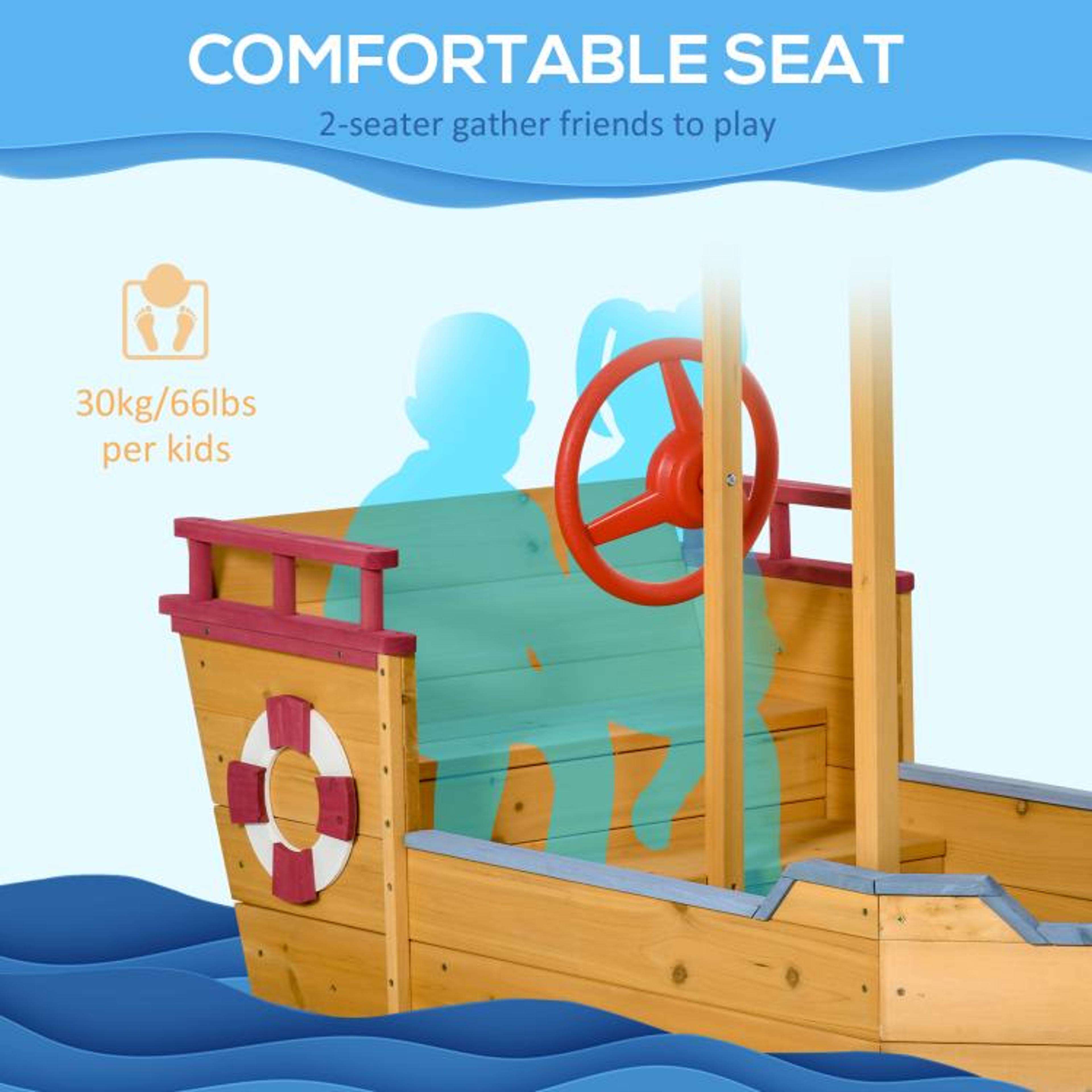Kids Wooden Boat Sandbox With Canopy And Storage Bench 5