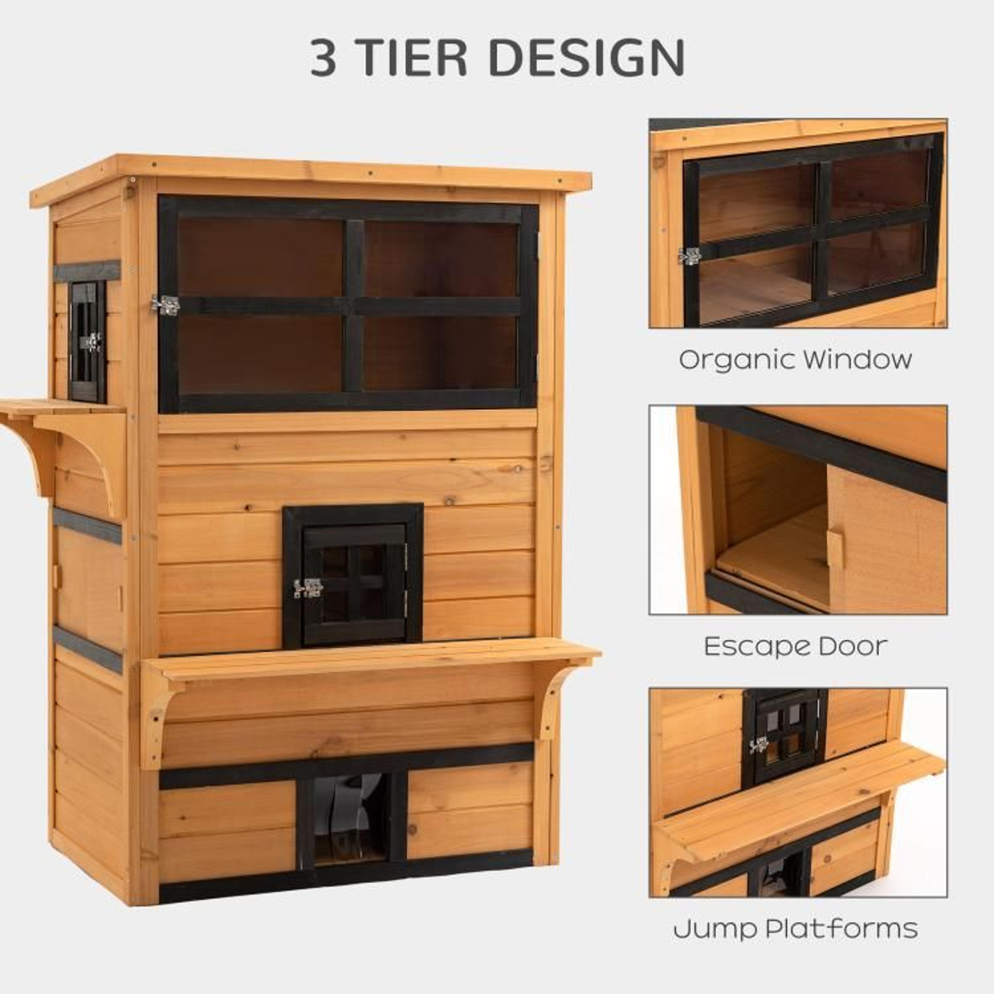 Outdoor 3Tier Wooden Cat House With WeatherResistant Roof And Escape Door 5