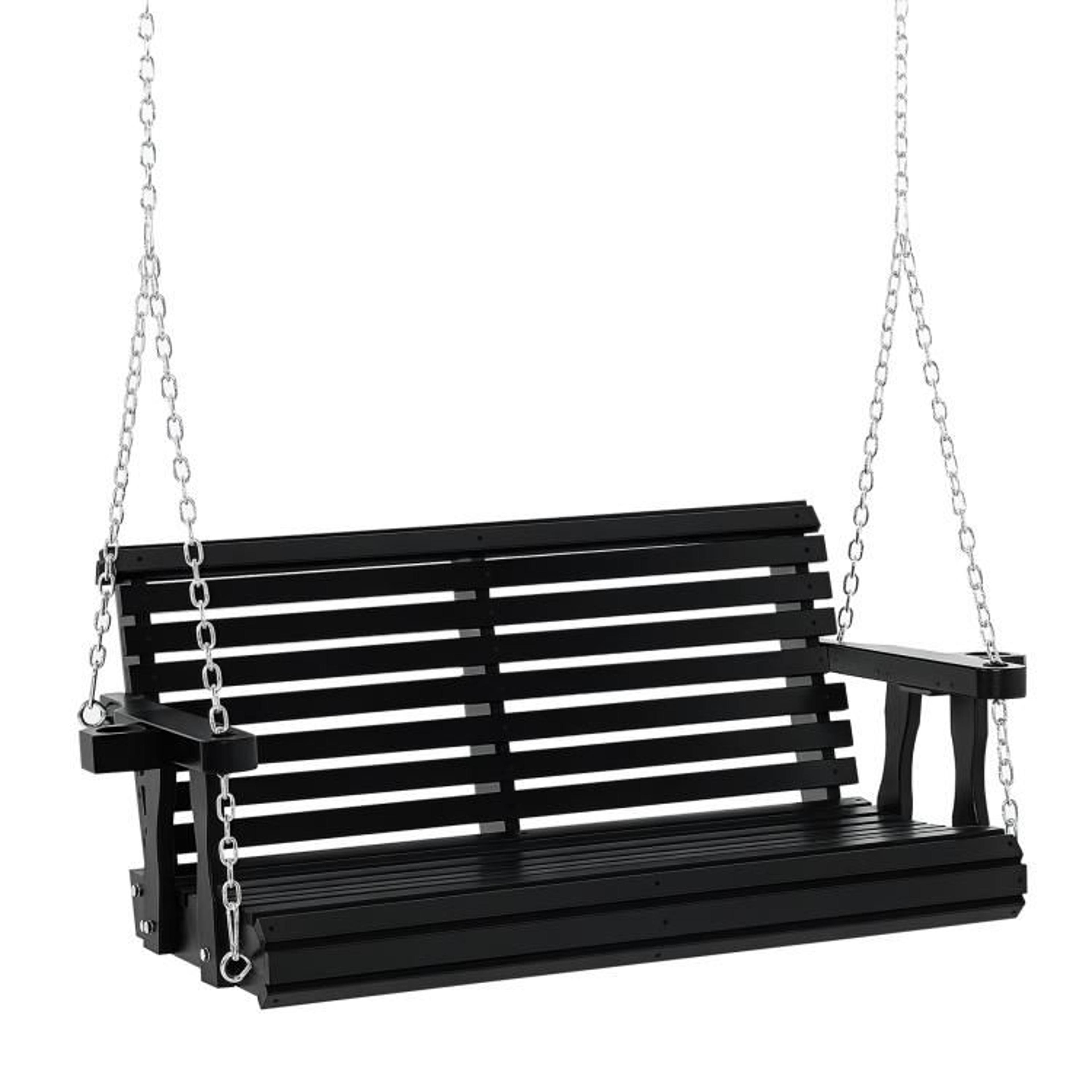 2-person wooden porch swing with cup holders and adjustable chains black