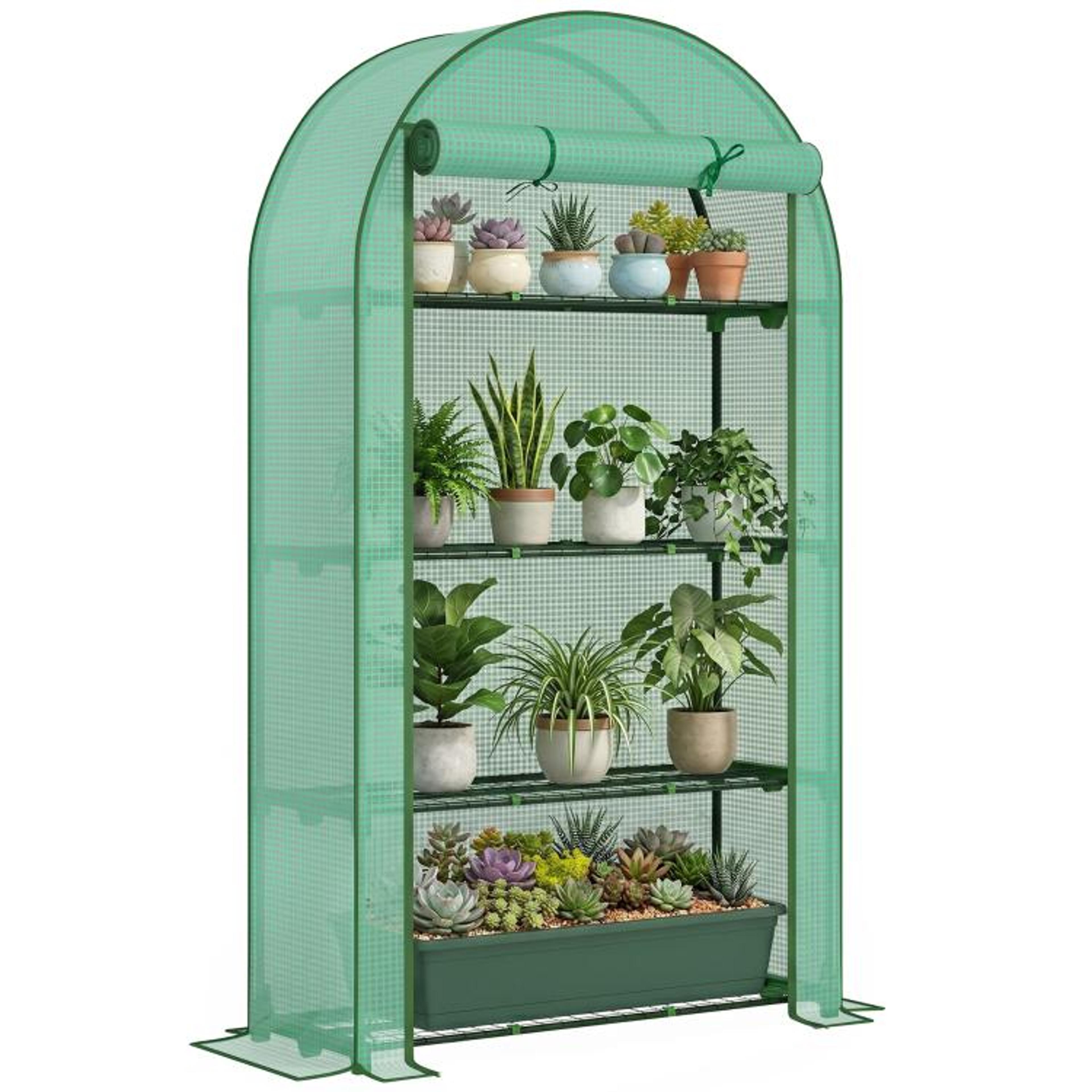 portable mini greenhouse with 4-tier shelves and roll-up door green