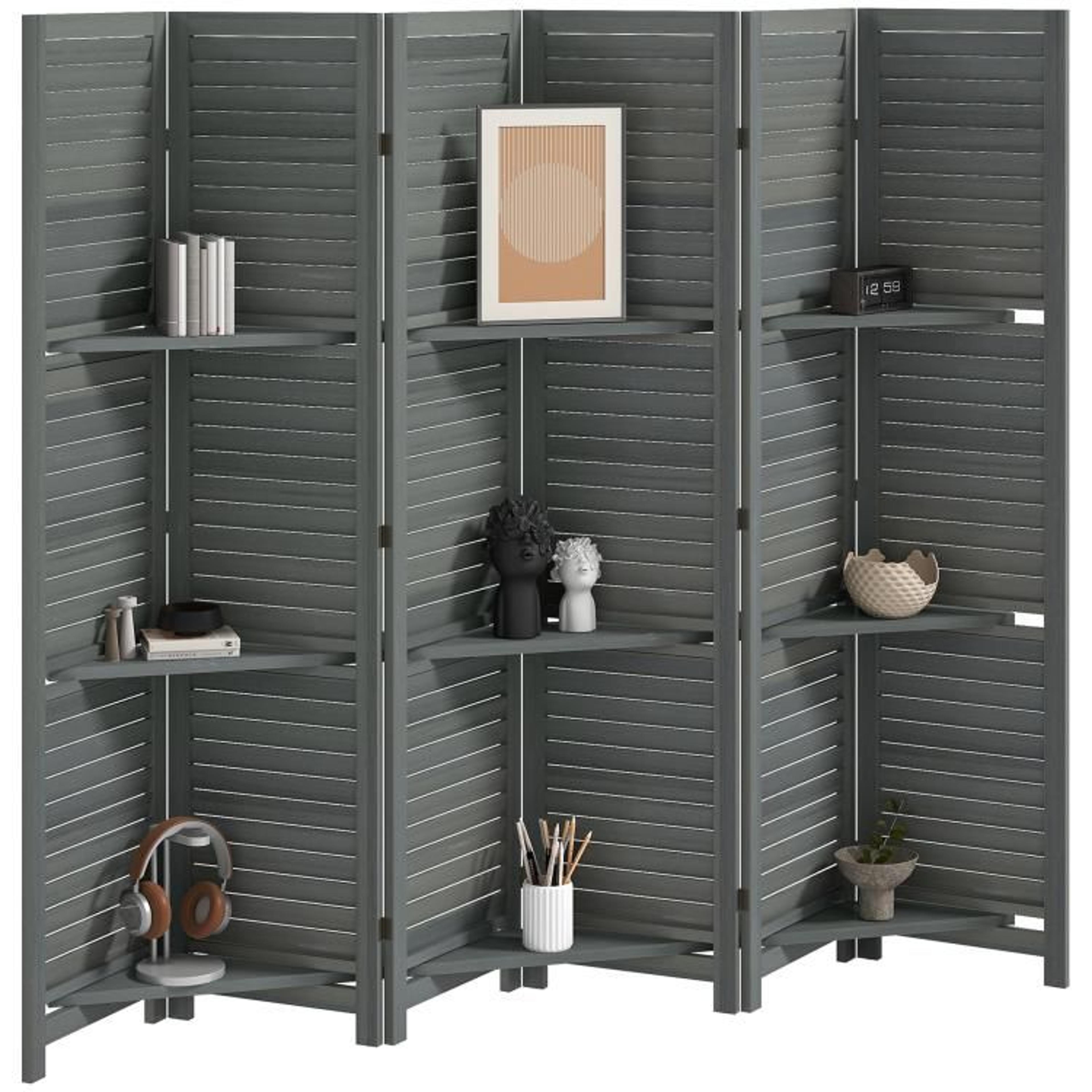 6-panel wood room divider with 3 removable shelves 67-inch gray privacy screen