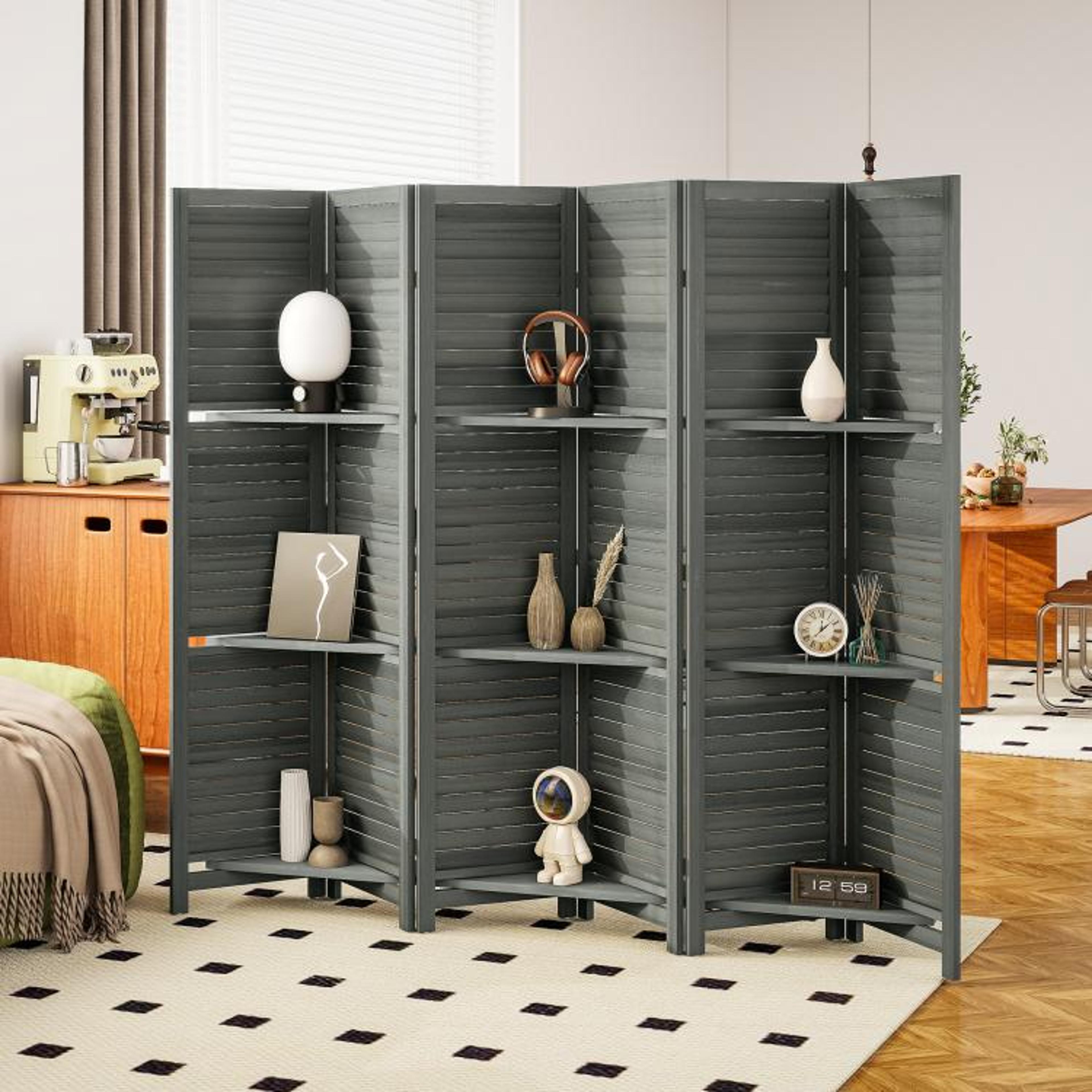 6Panel Wood Room Divider With 3 Removable Shelves  67Inch Gray Privacy Screen 3