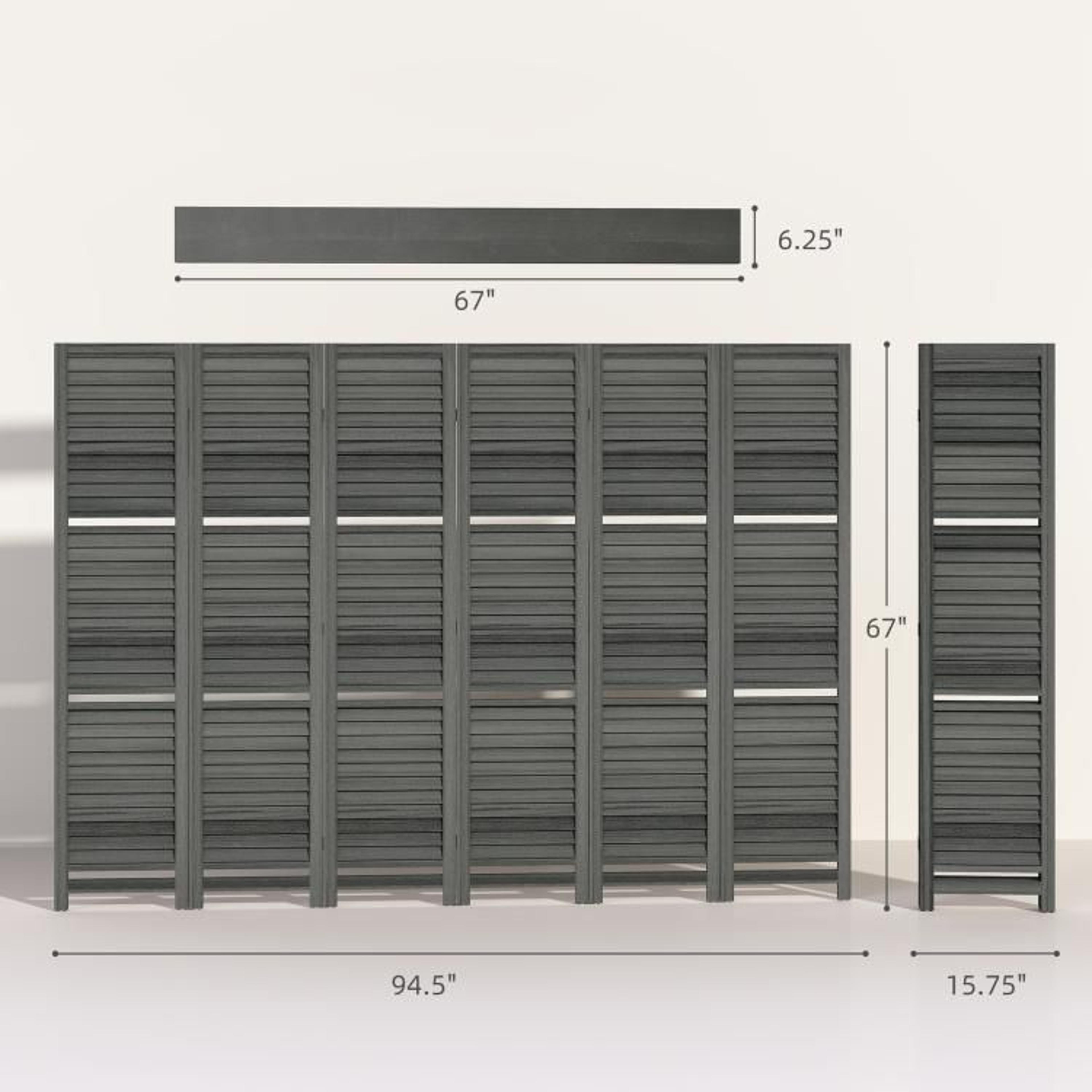 6Panel Wood Room Divider With 3 Removable Shelves  67Inch Gray Privacy Screen 5