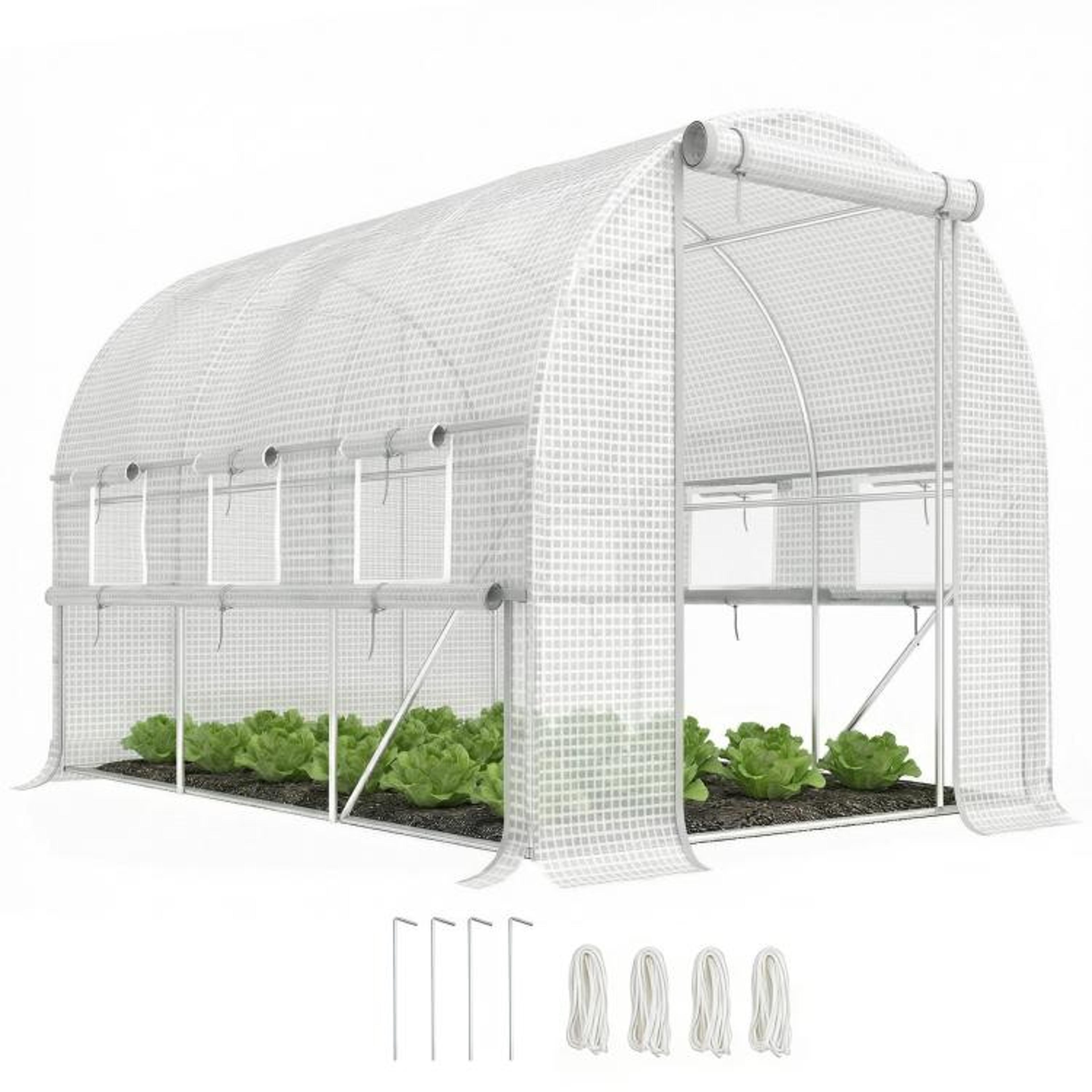 walk-in tunnel greenhouse with reinforced pe cover and mesh windows white