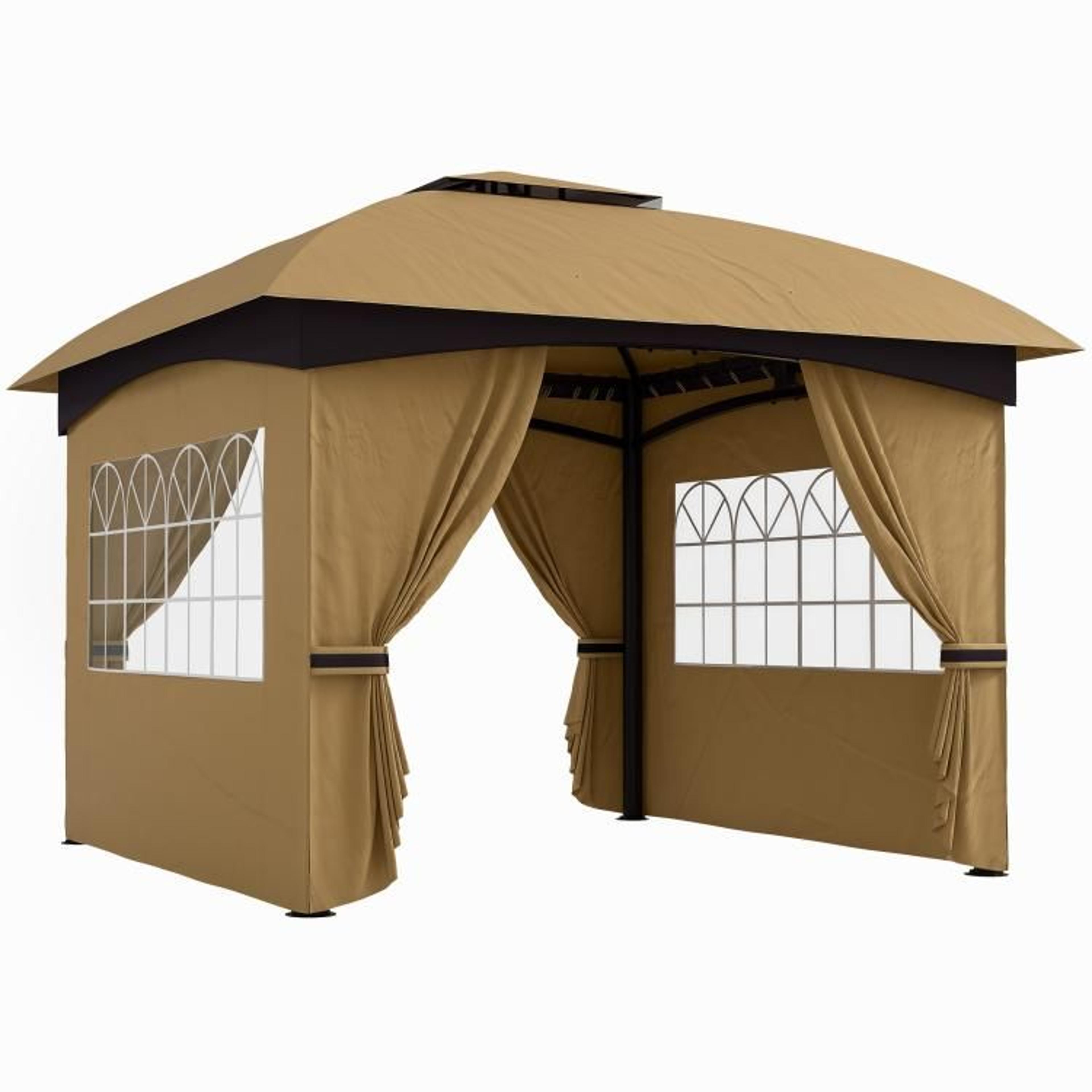 11 x 11 ft outdoor patio gazebo with double roof and curtains beige