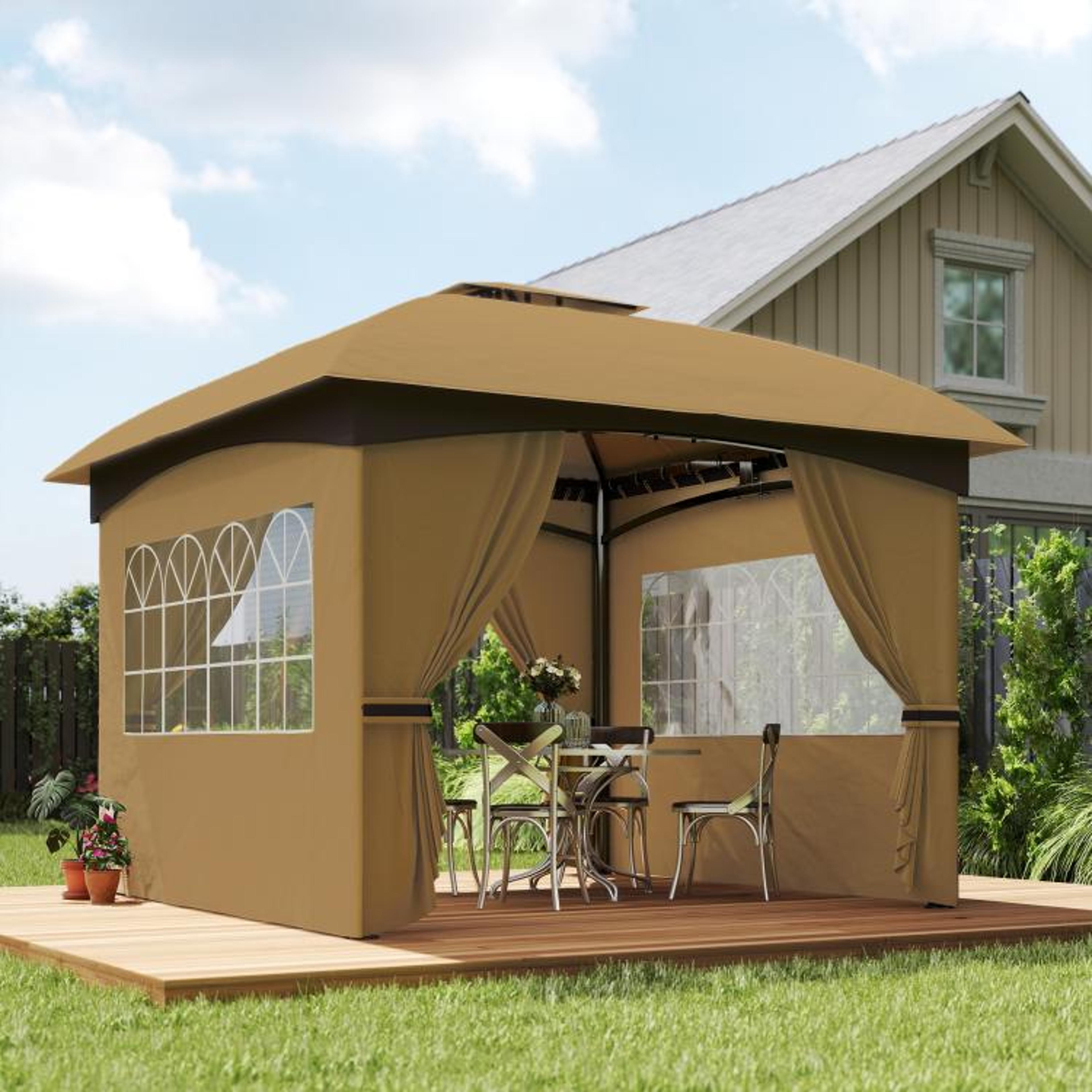 11 X 11 Ft Outdoor Patio Gazebo With Double Roof And Curtains  Beige 2