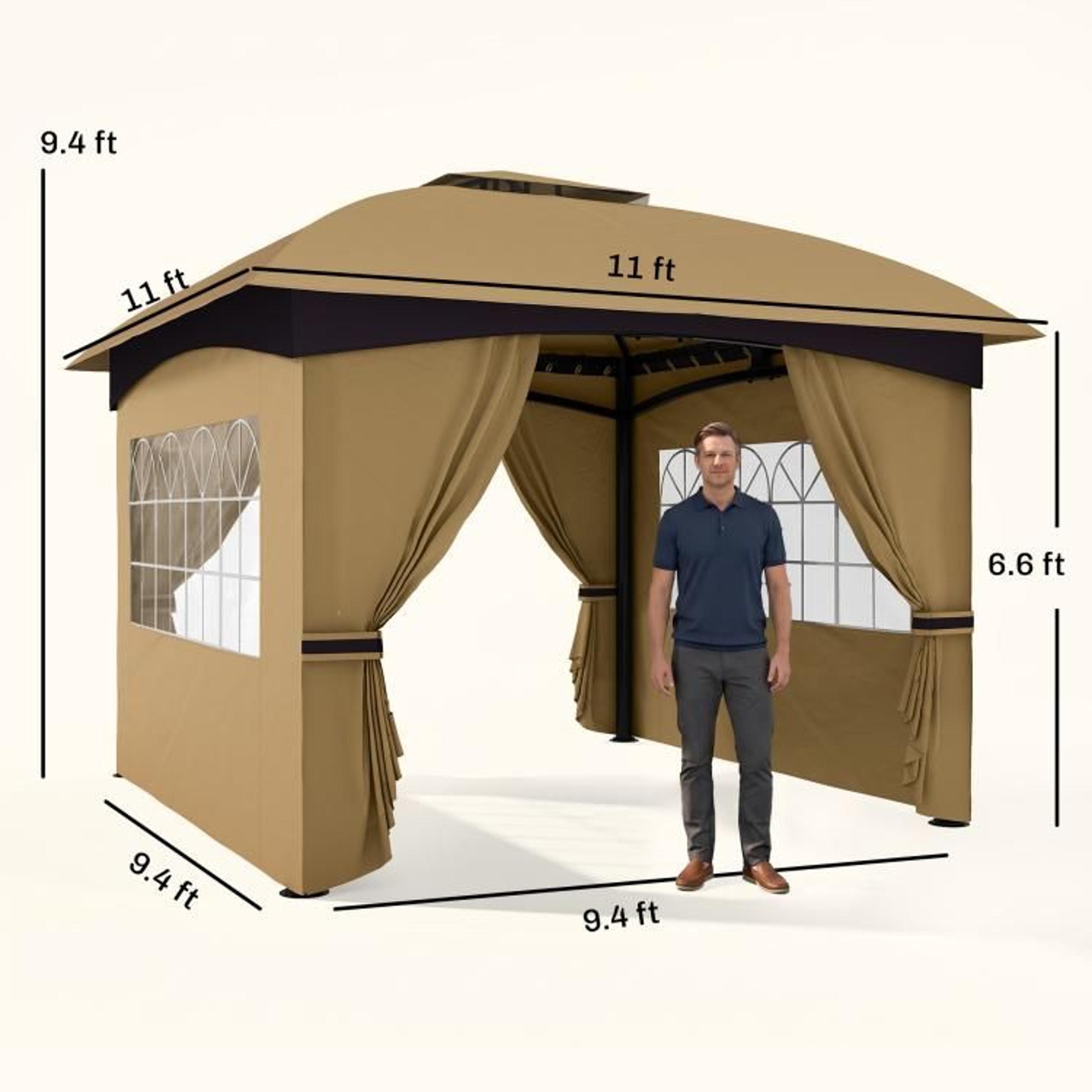 11 X 11 Ft Outdoor Patio Gazebo With Double Roof And Curtains  Beige 4