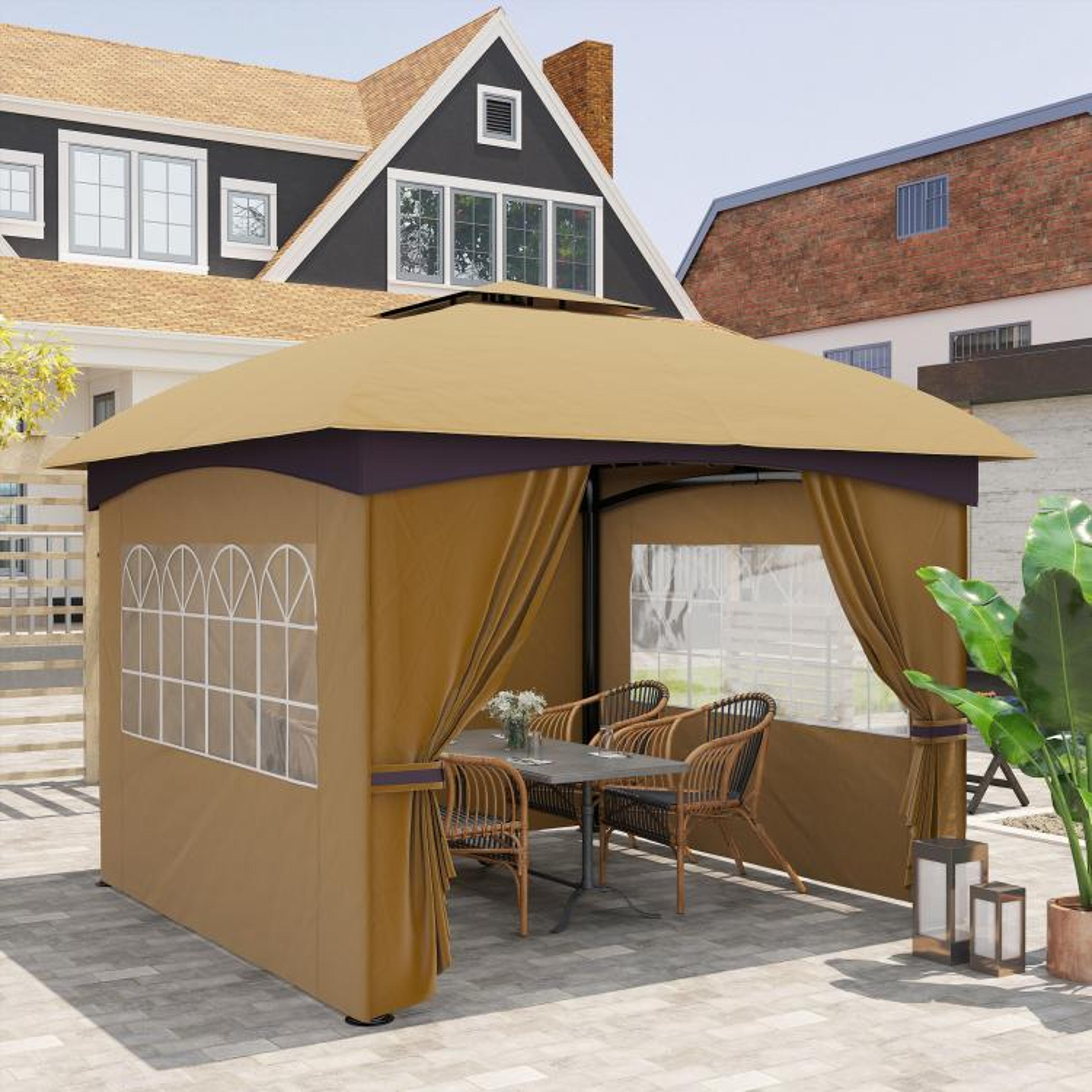 11 X 11 Ft Outdoor Patio Gazebo With Double Roof And Curtains  Beige 5
