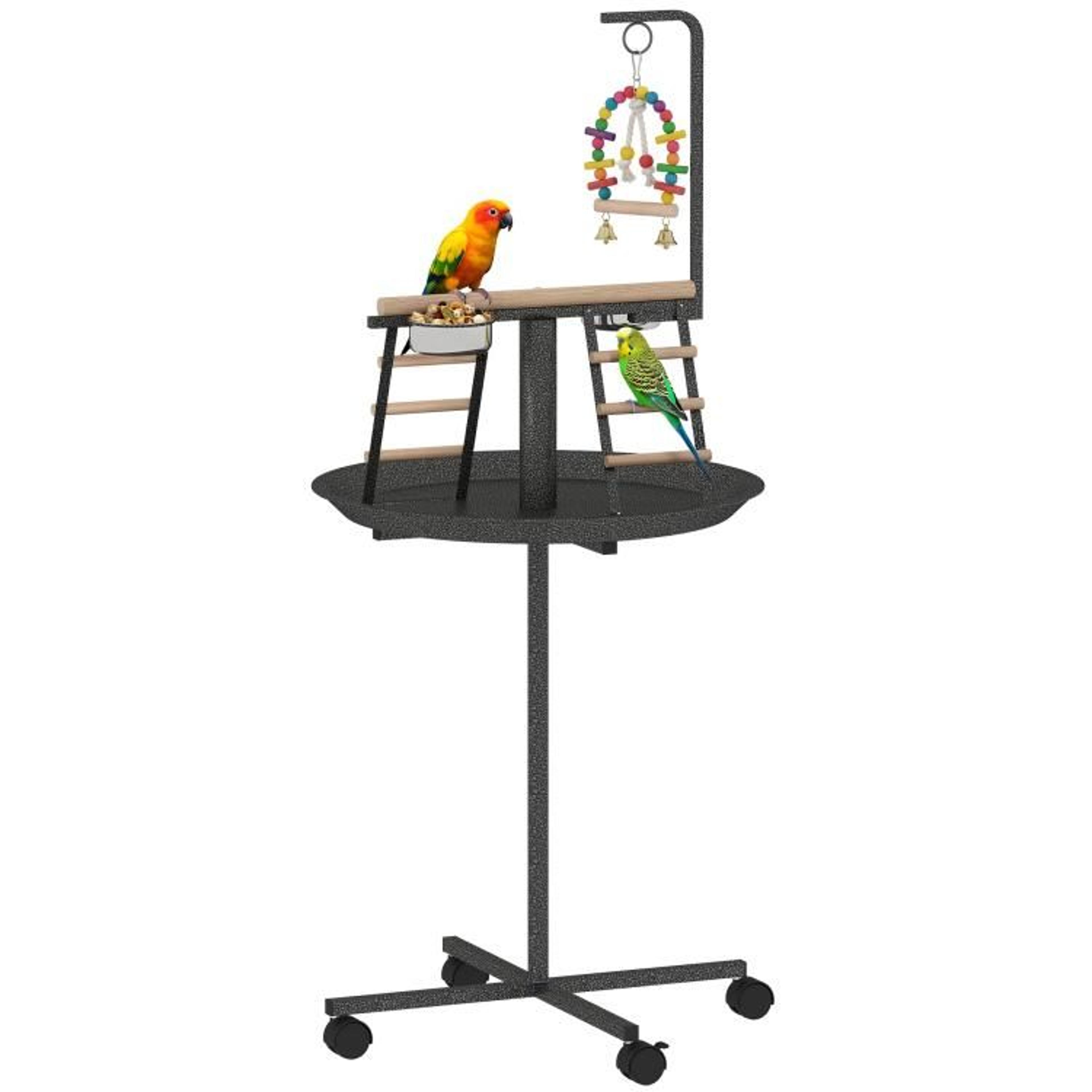 parrot play stand with wheels feeding bowls and round tray dark gray