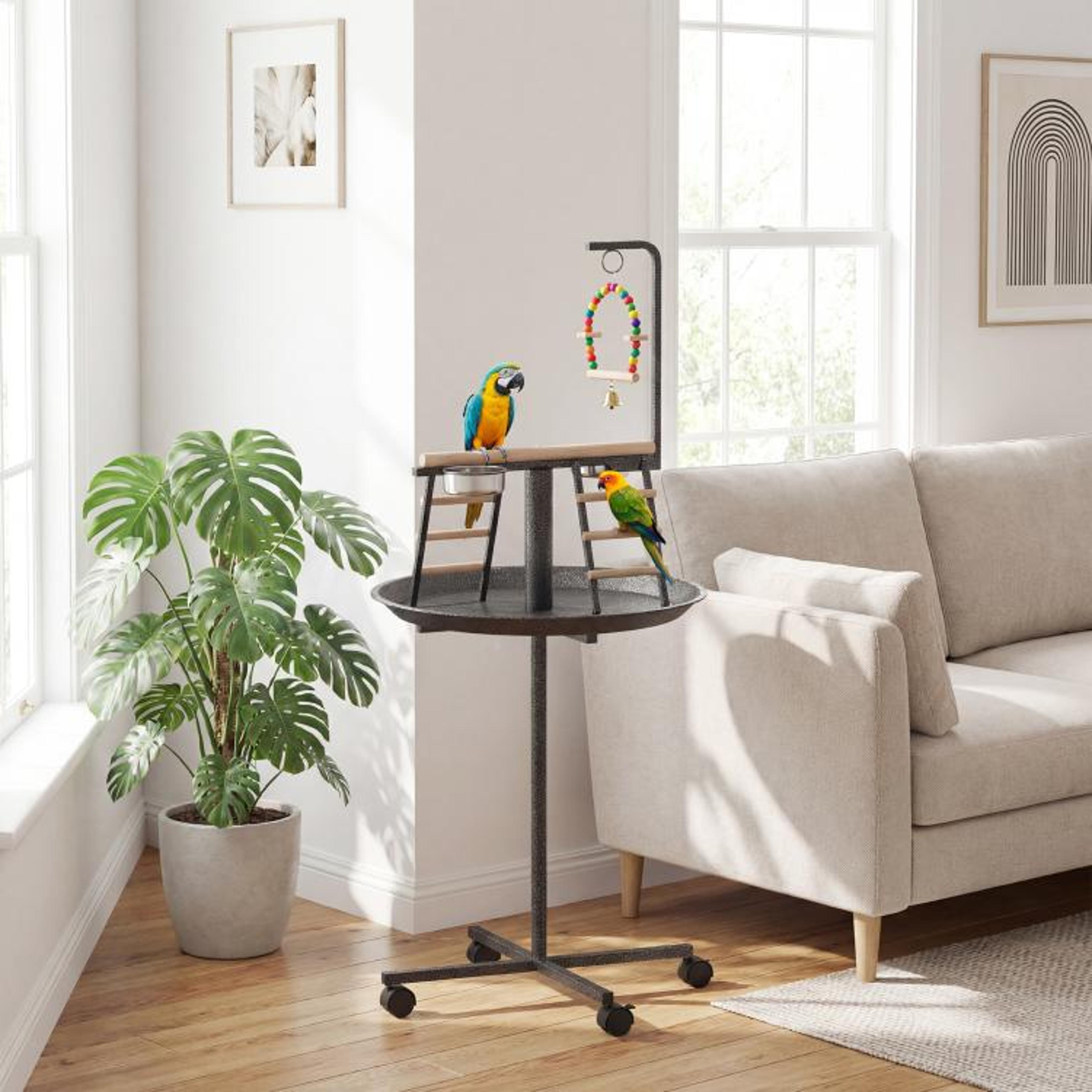 Parrot Play Stand With Wheels Feeding Bowls And Round Tray  Dark Gray 2
