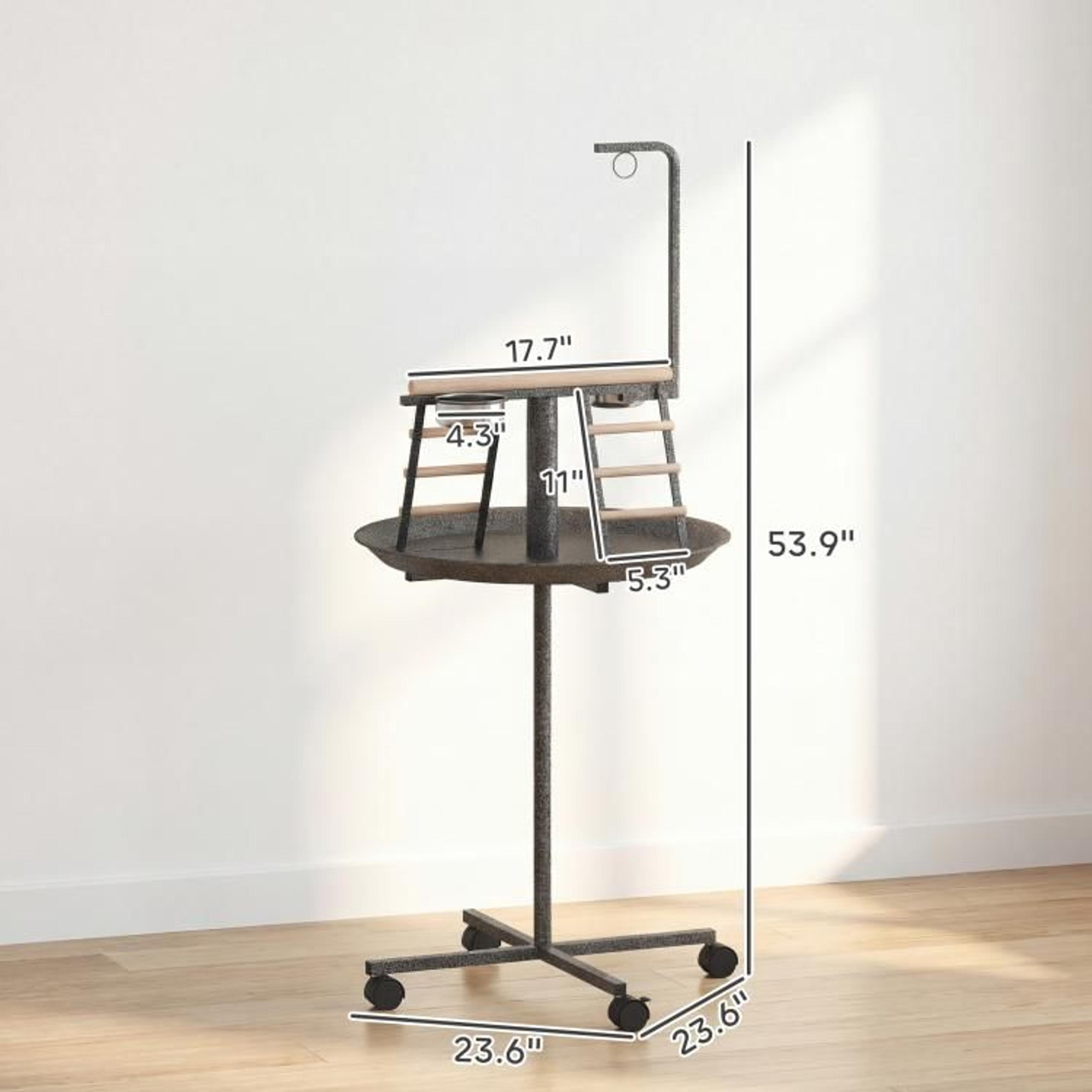 Parrot Play Stand With Wheels Feeding Bowls And Round Tray  Dark Gray 3