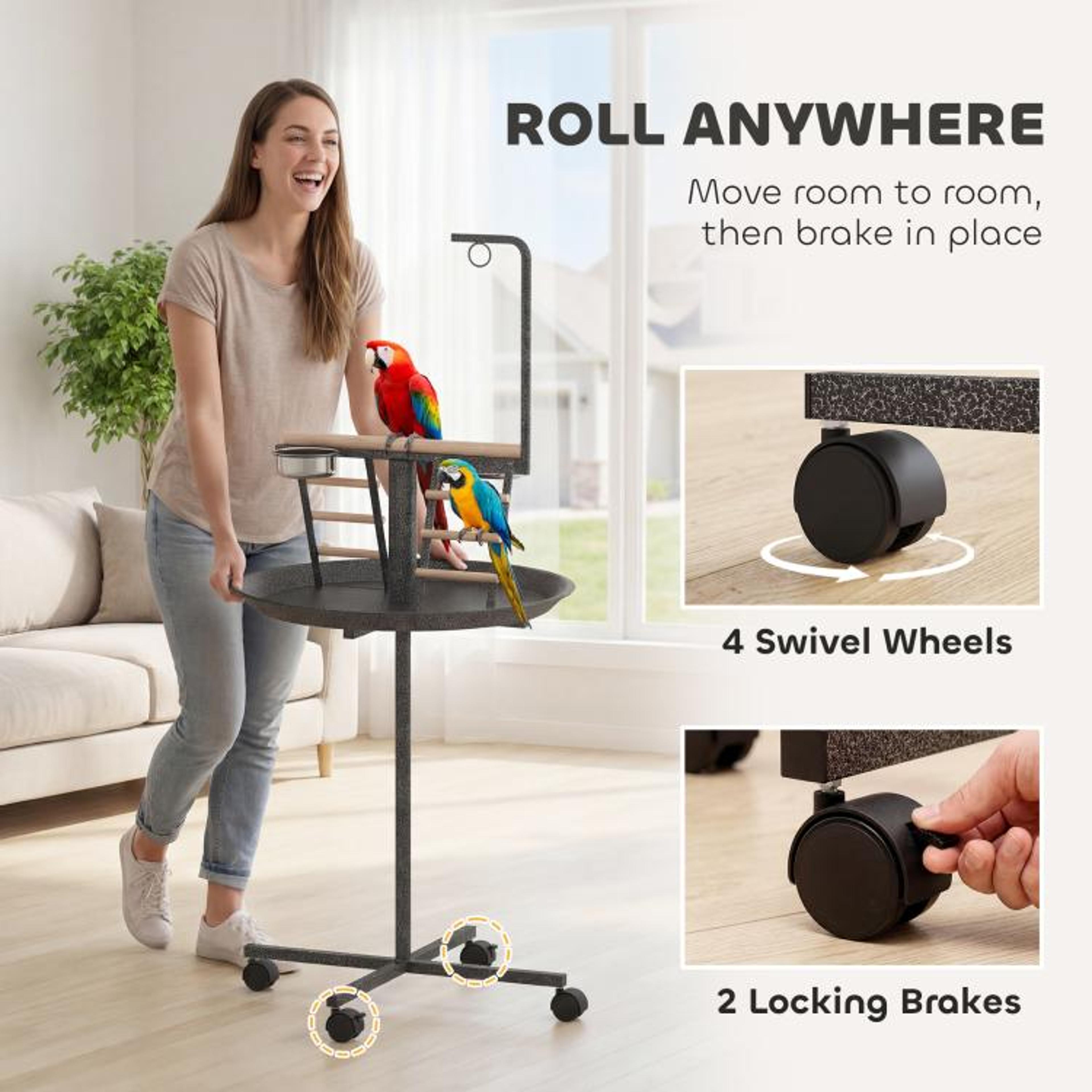 Parrot Play Stand With Wheels Feeding Bowls And Round Tray  Dark Gray 4