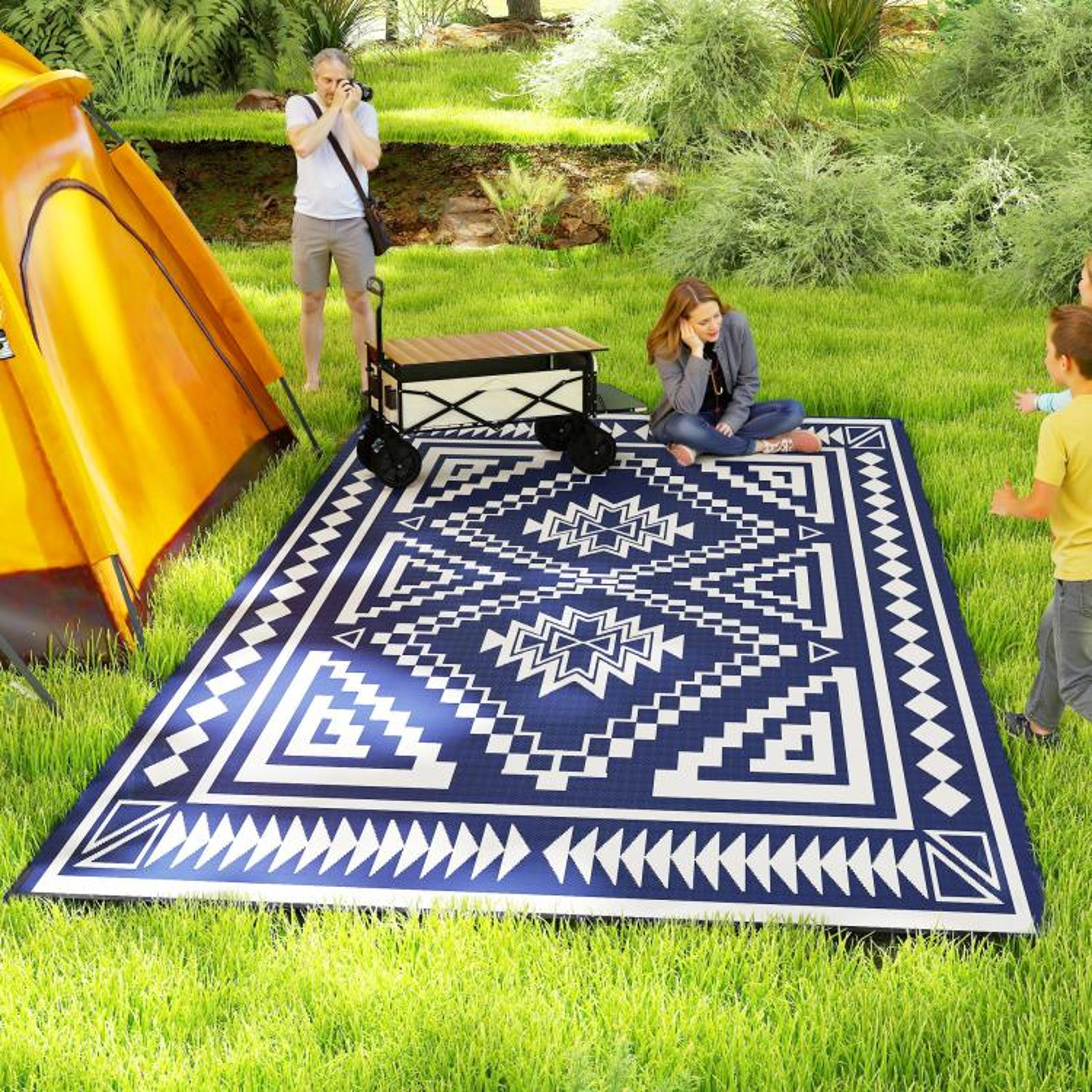 Reversible Outdoor Rug 9 X 18 Waterproof Blue And White Patchwork Patio Mat 2