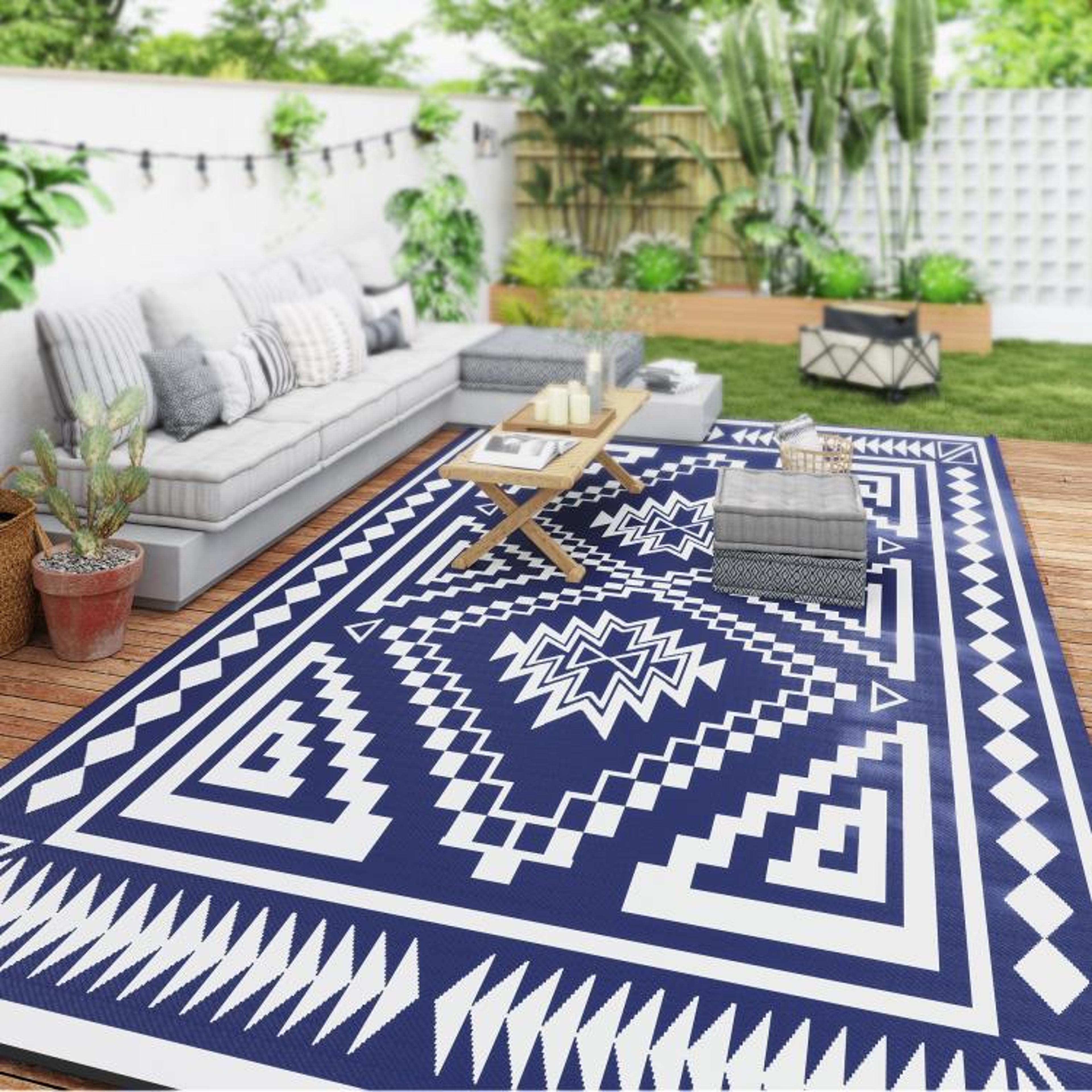 Reversible Outdoor Rug 9 X 18 Waterproof Blue And White Patchwork Patio Mat 3