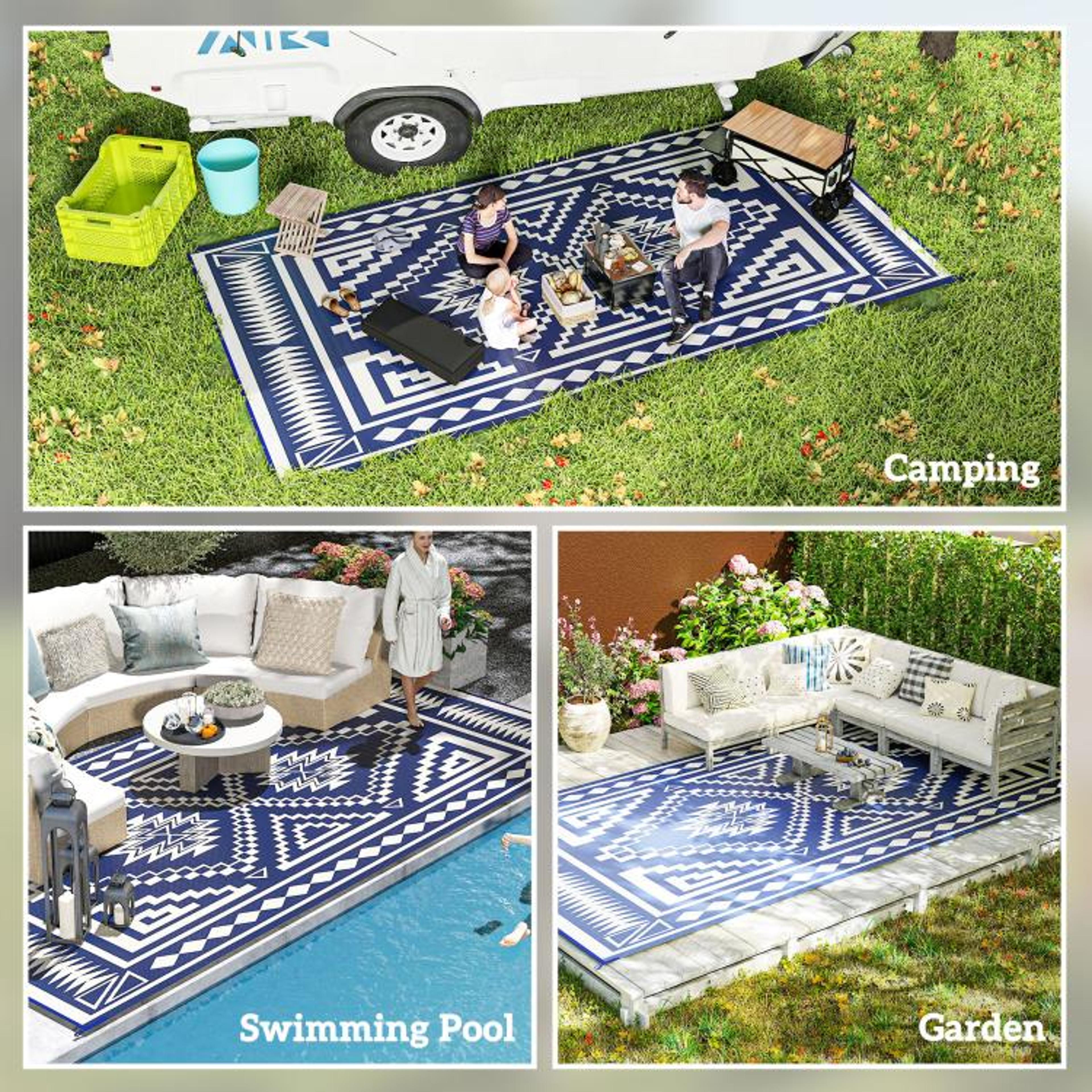 Reversible Outdoor Rug 9 X 18 Waterproof Blue And White Patchwork Patio Mat 5