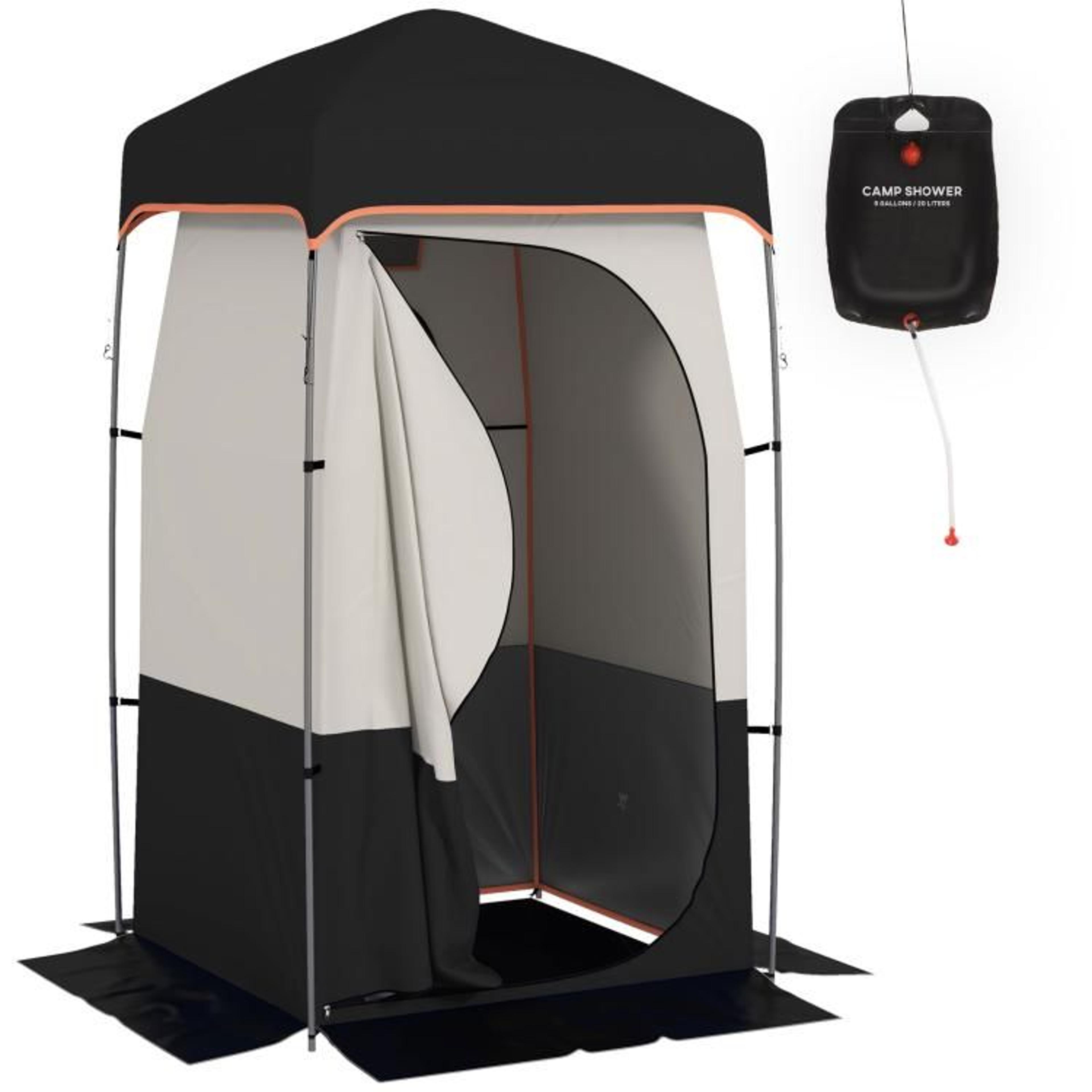 portable camping shower tent with solar shower bag and removable floor –black