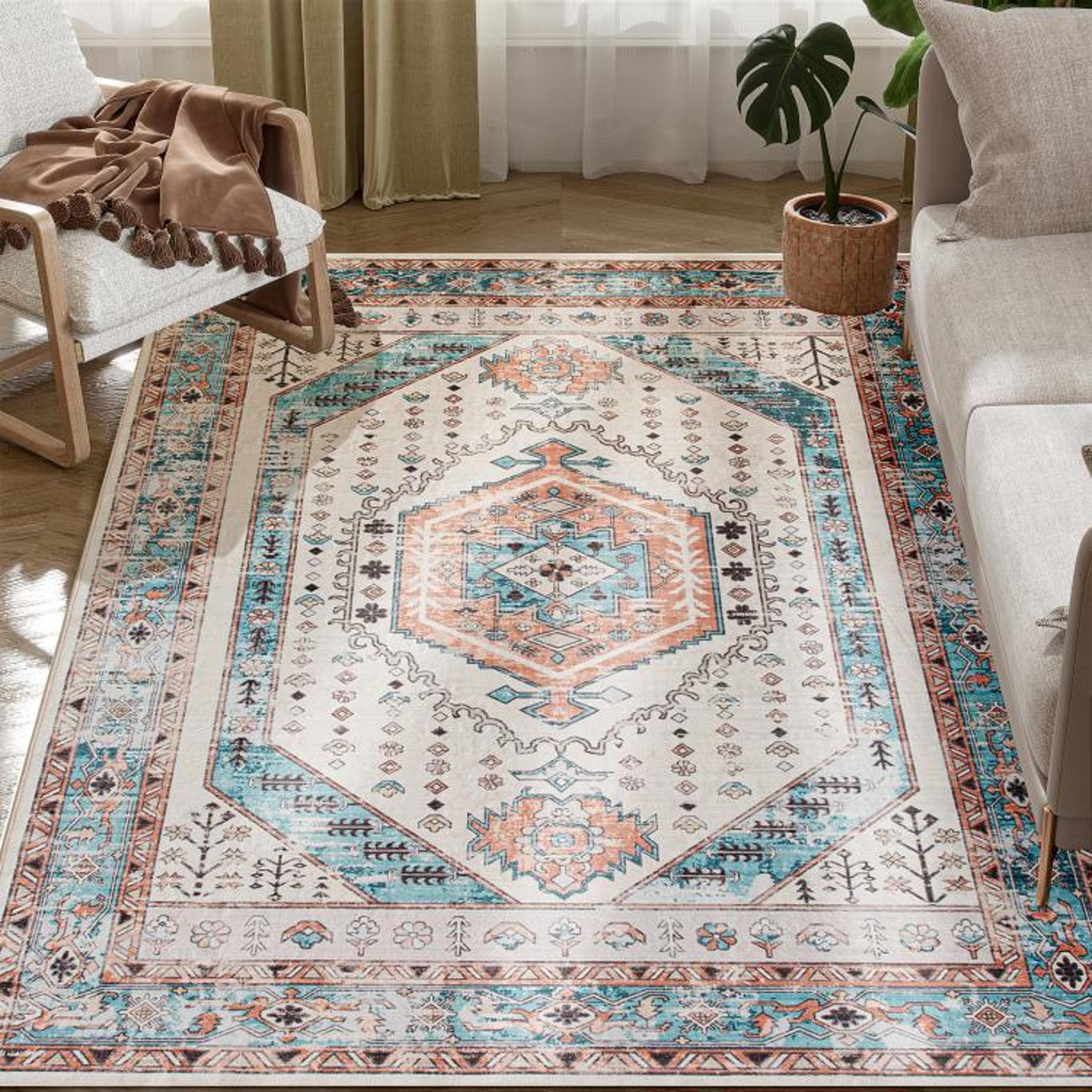 4x6 vintage washable area rug with non-slip backing in brown and blue