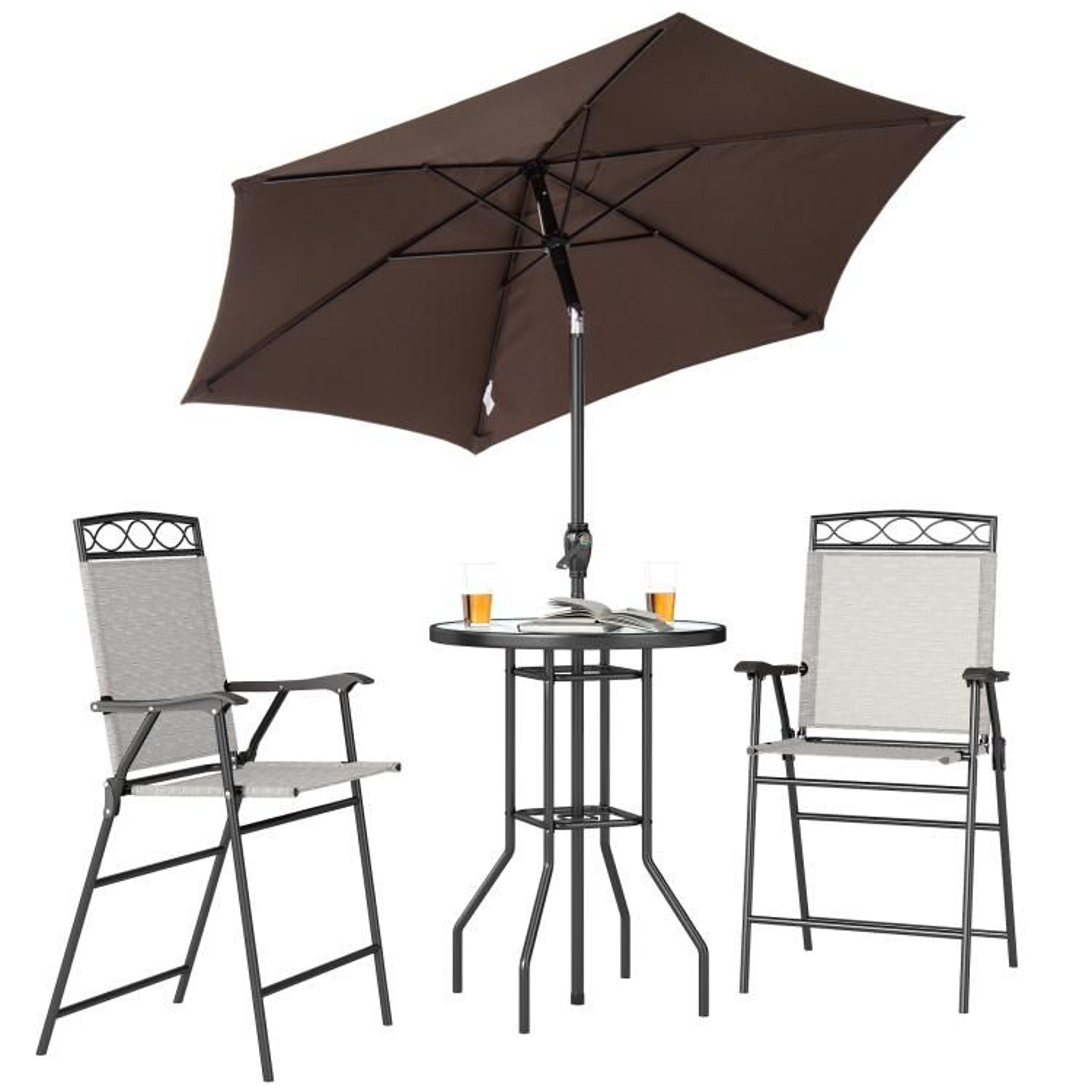 outdoor patio bar set with umbrella and 2 folding chairs beige