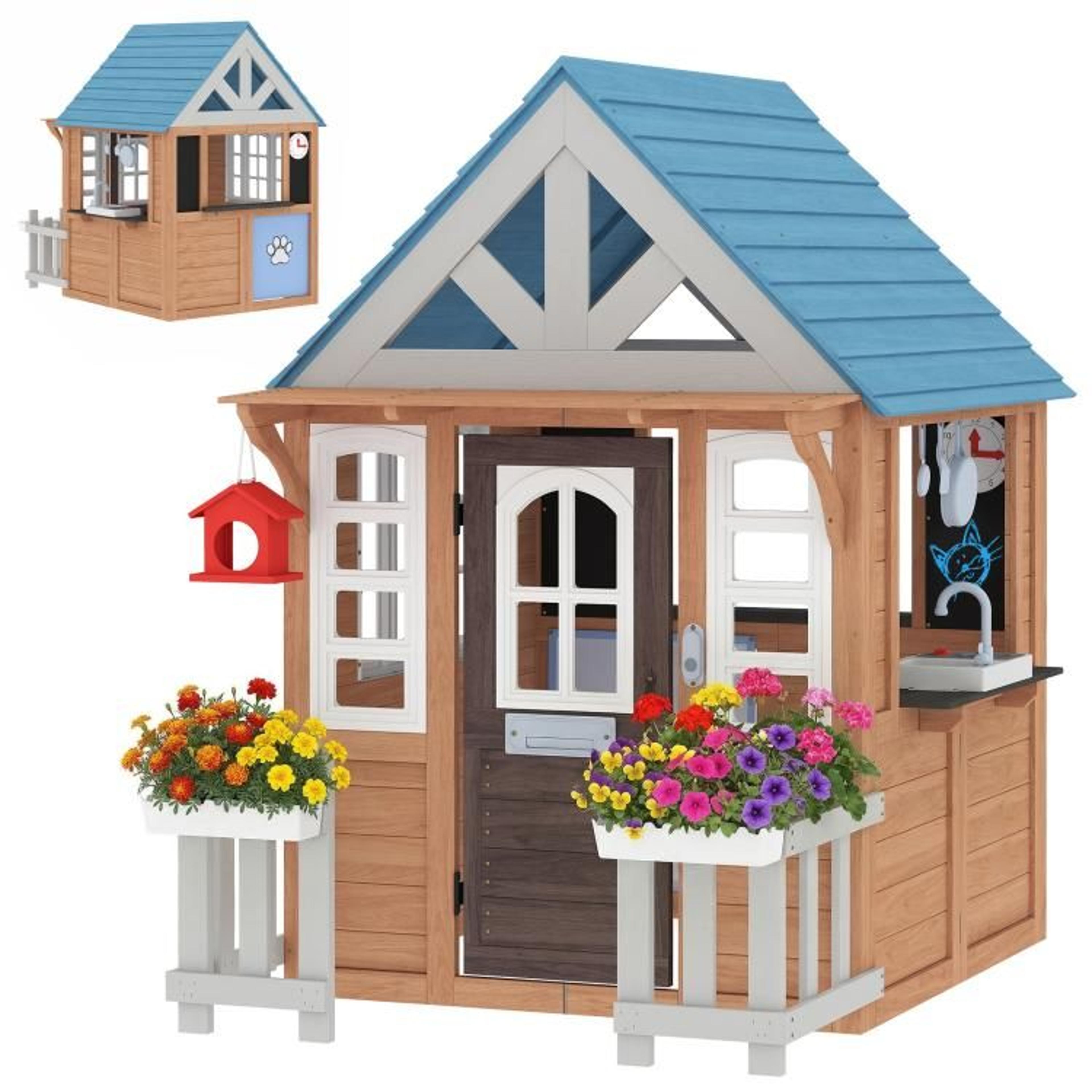 Wooden Kids Playhouse With Play Kitchen Pet Door And Garden Features 1