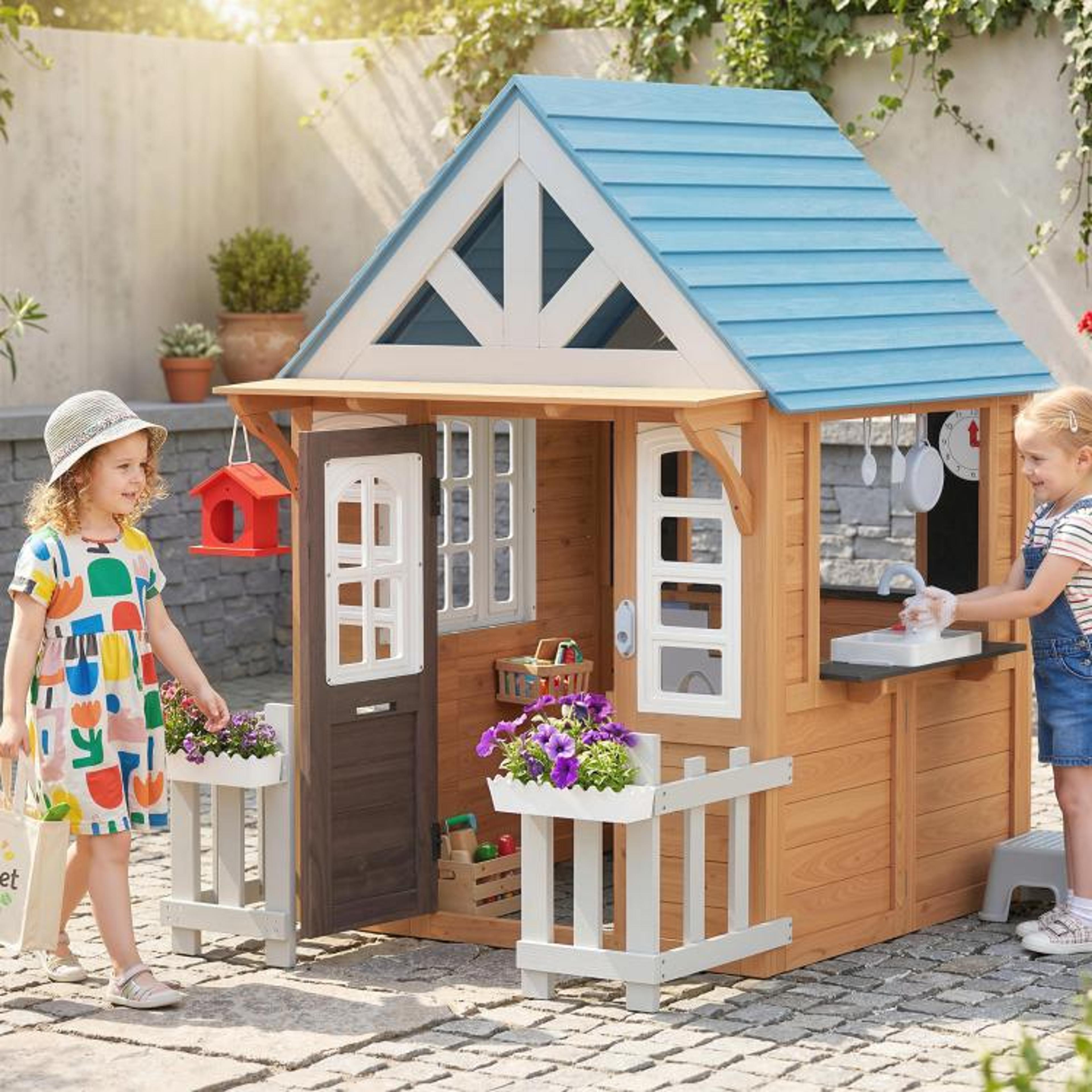 Wooden Kids Playhouse With Play Kitchen Pet Door And Garden Features 2