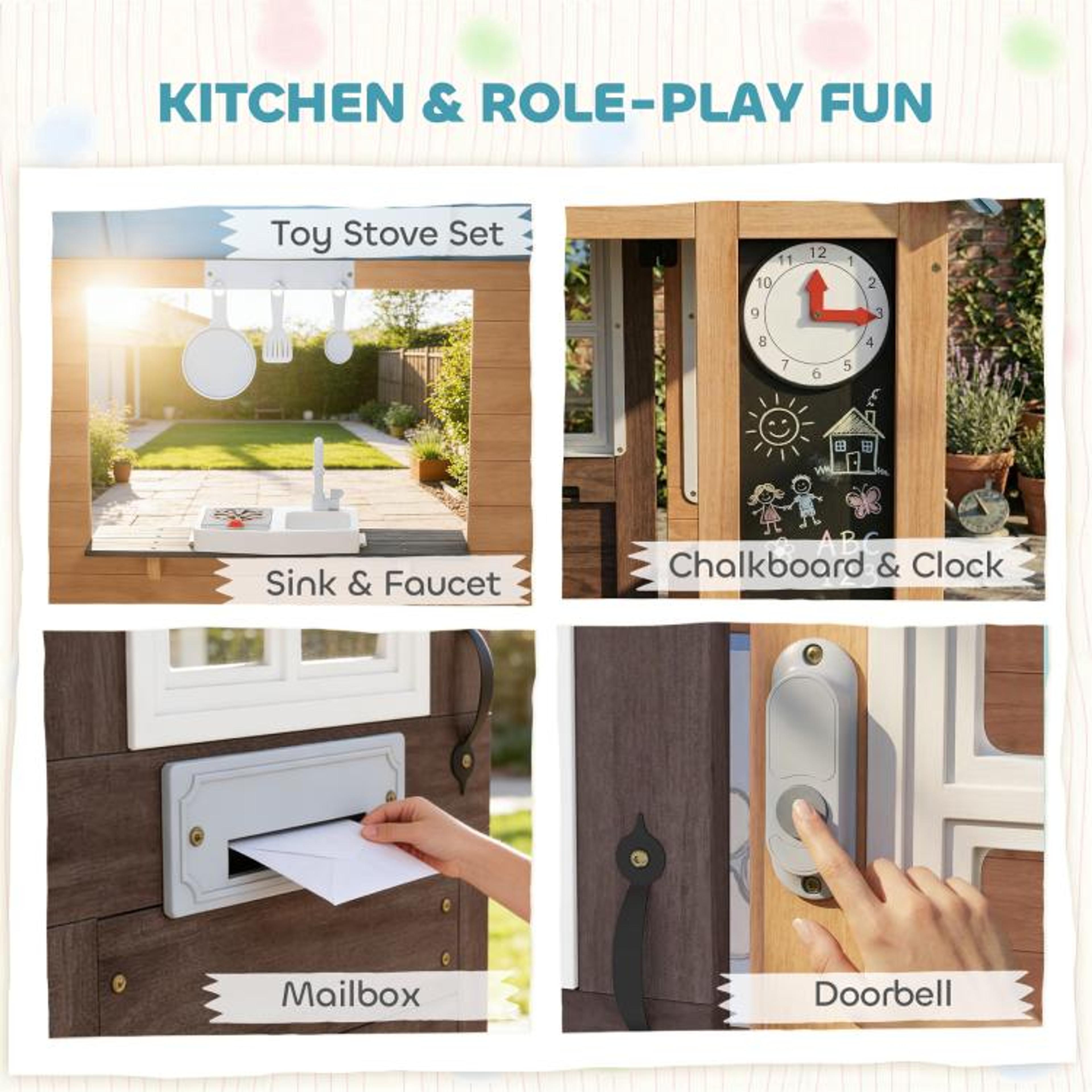 Wooden Kids Playhouse With Play Kitchen Pet Door And Garden Features 4