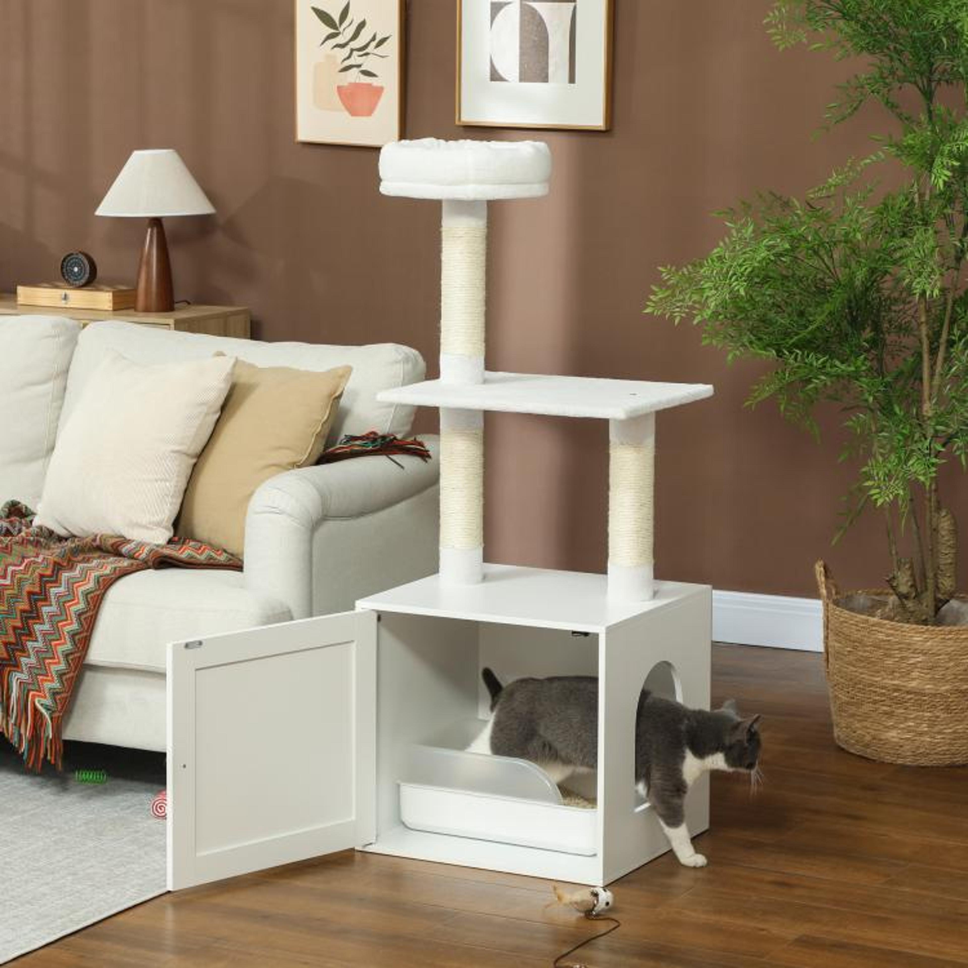cat tree with litter box enclosure and scratching posts white