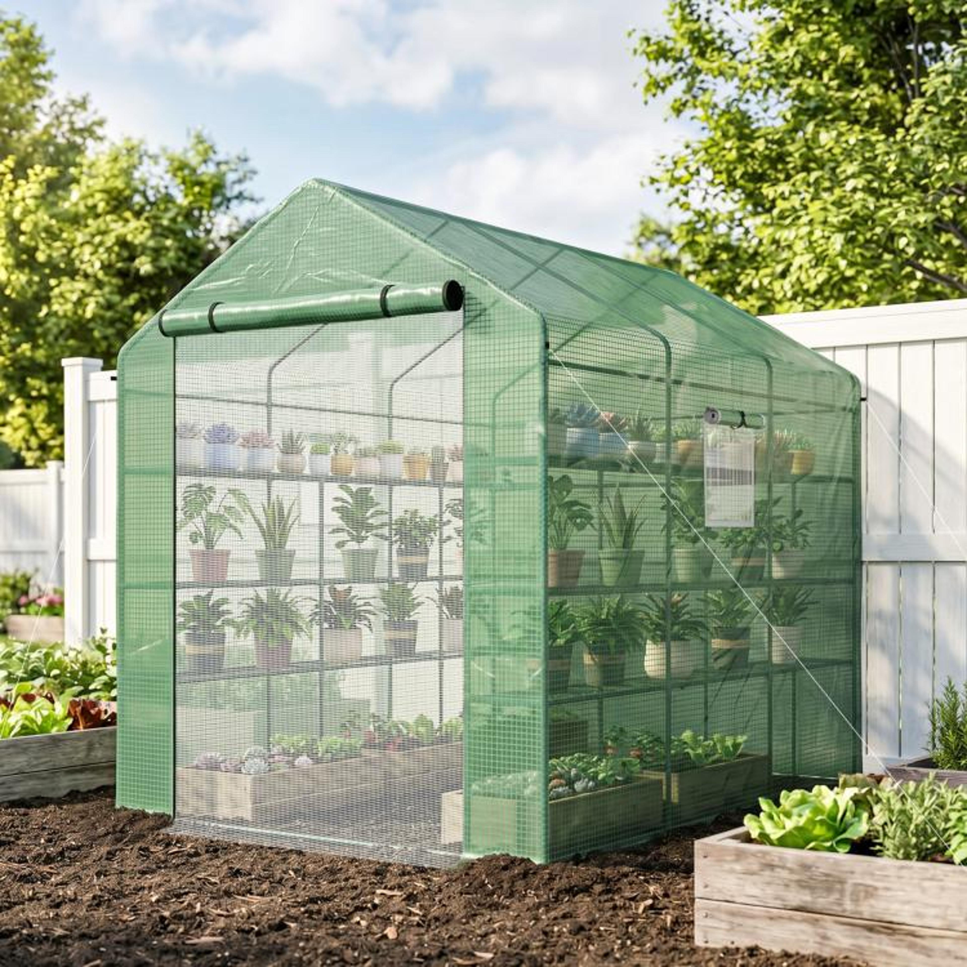 WalkIn Greenhouse With Shelves Mesh Door And Windows Green 2