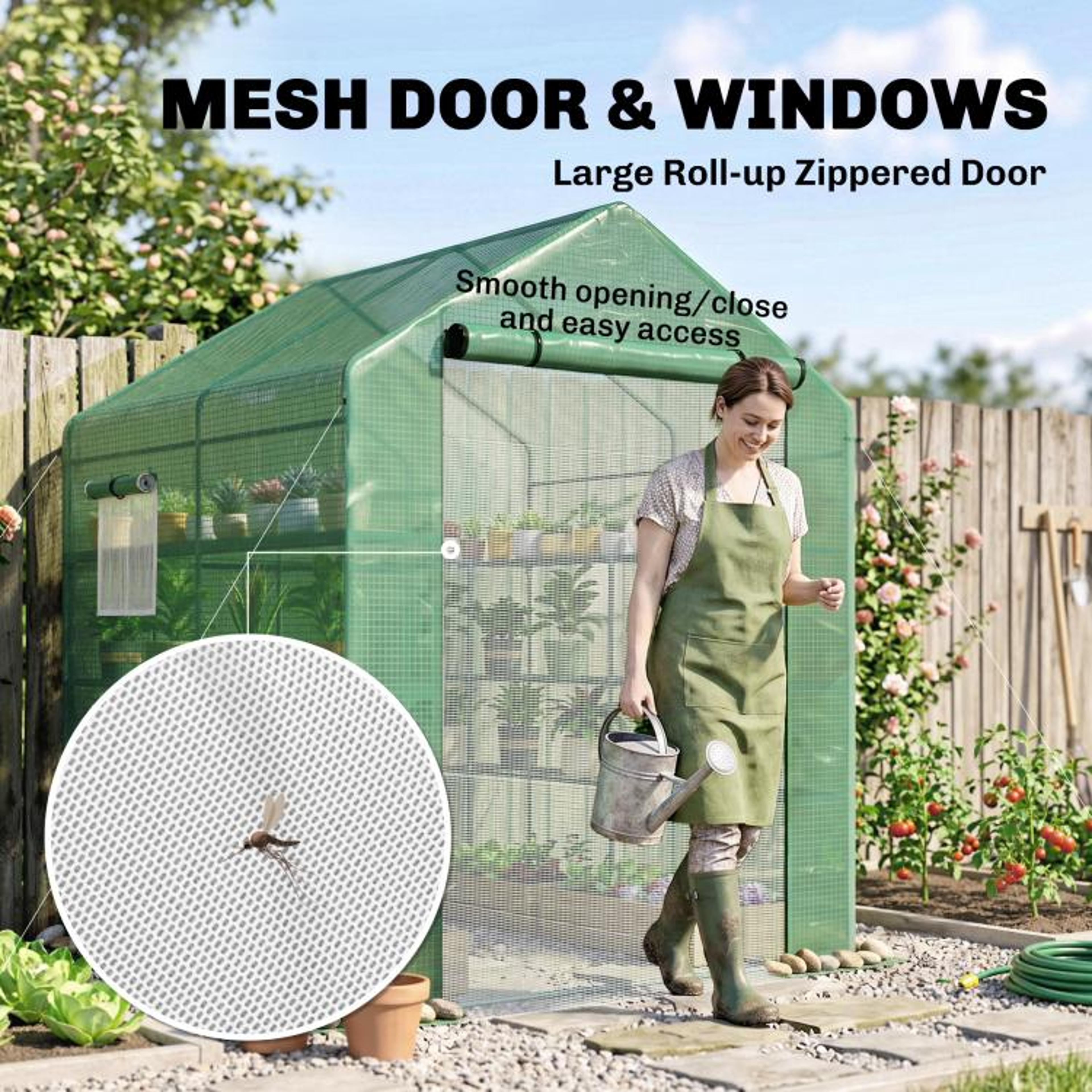 WalkIn Greenhouse With Shelves Mesh Door And Windows Green 5