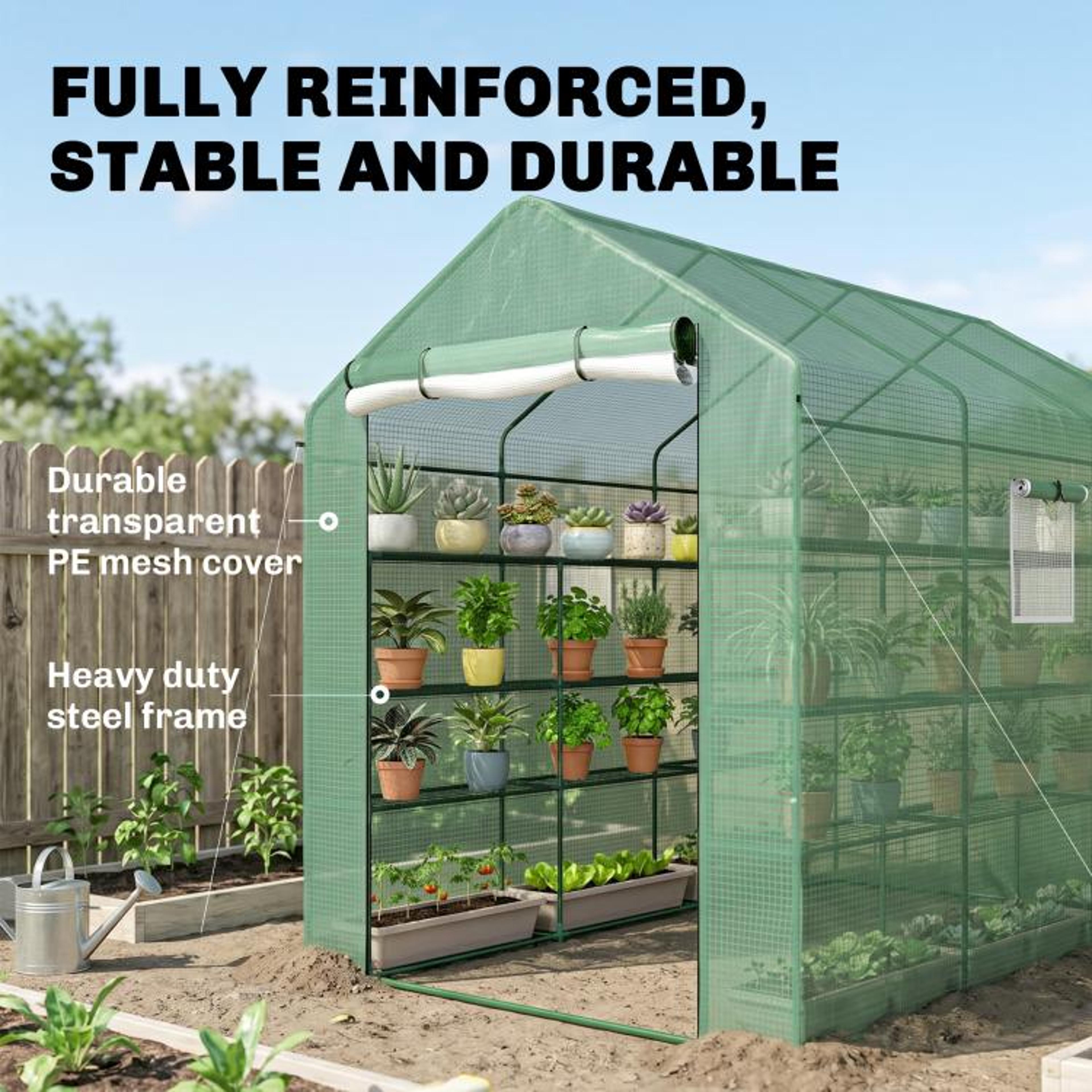 WalkIn Greenhouse With Shelves Mesh Door And Windows Green 6