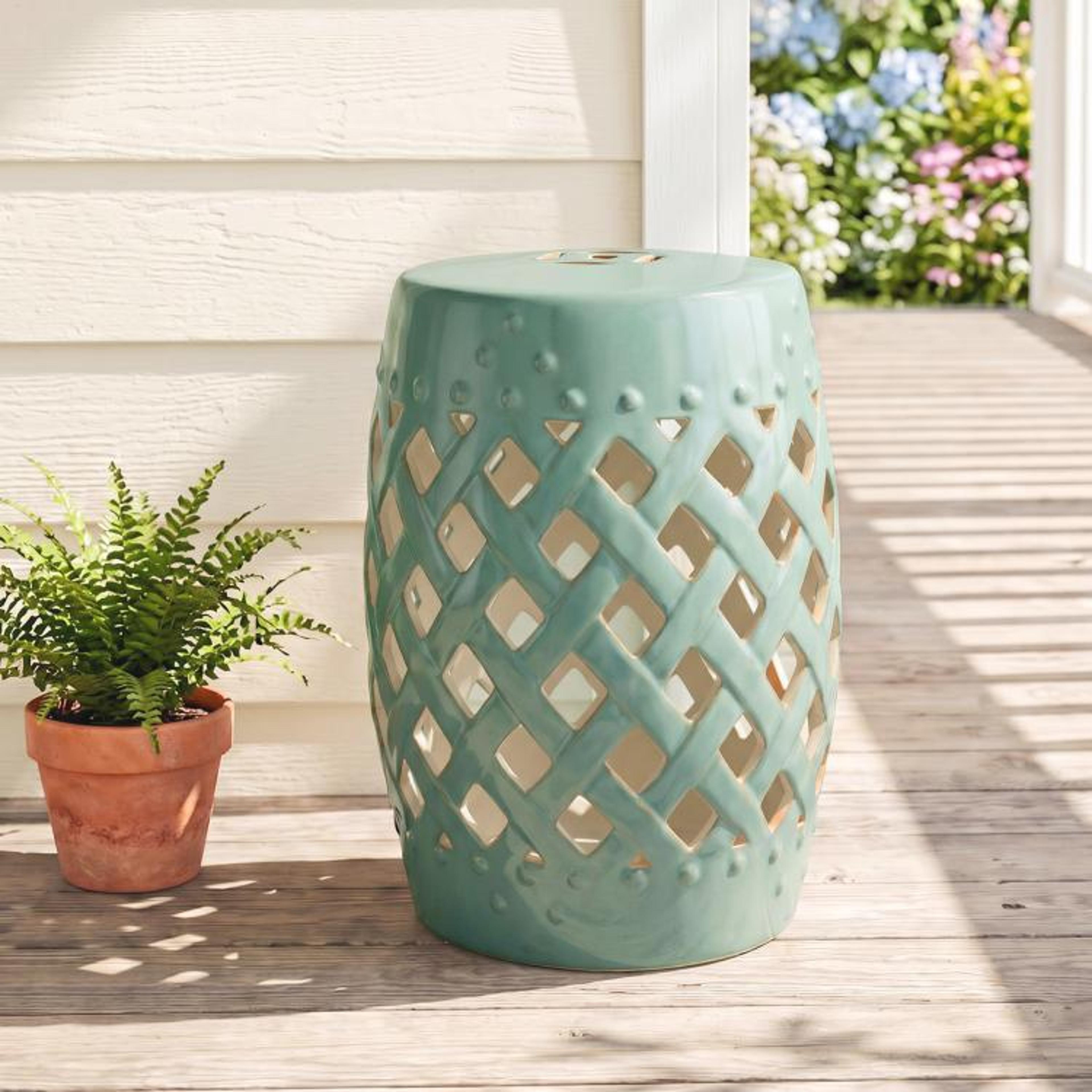 Green Ceramic Garden Stool With Woven Lattice Design 18 Inch 2