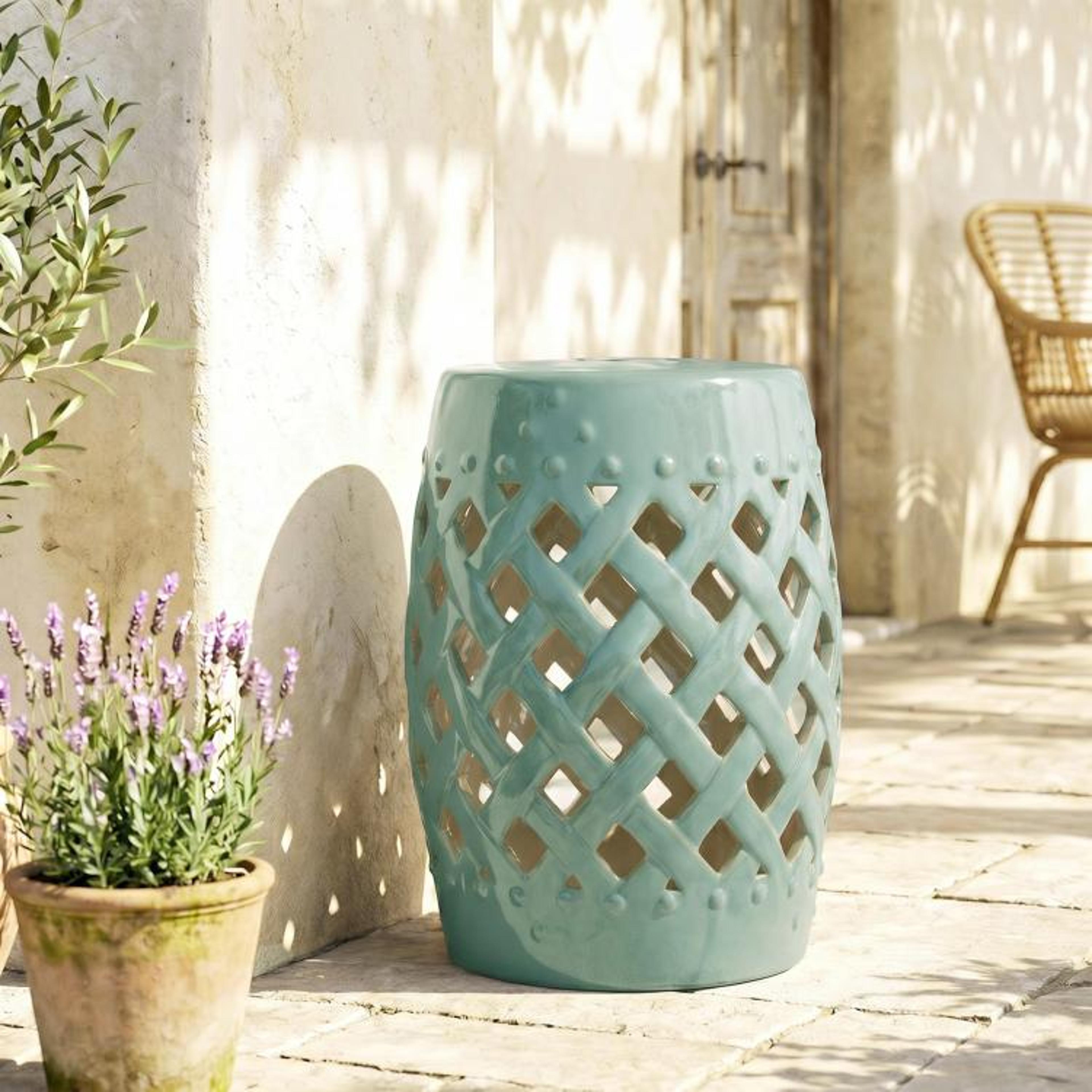 Green Ceramic Garden Stool With Woven Lattice Design 18 Inch 3