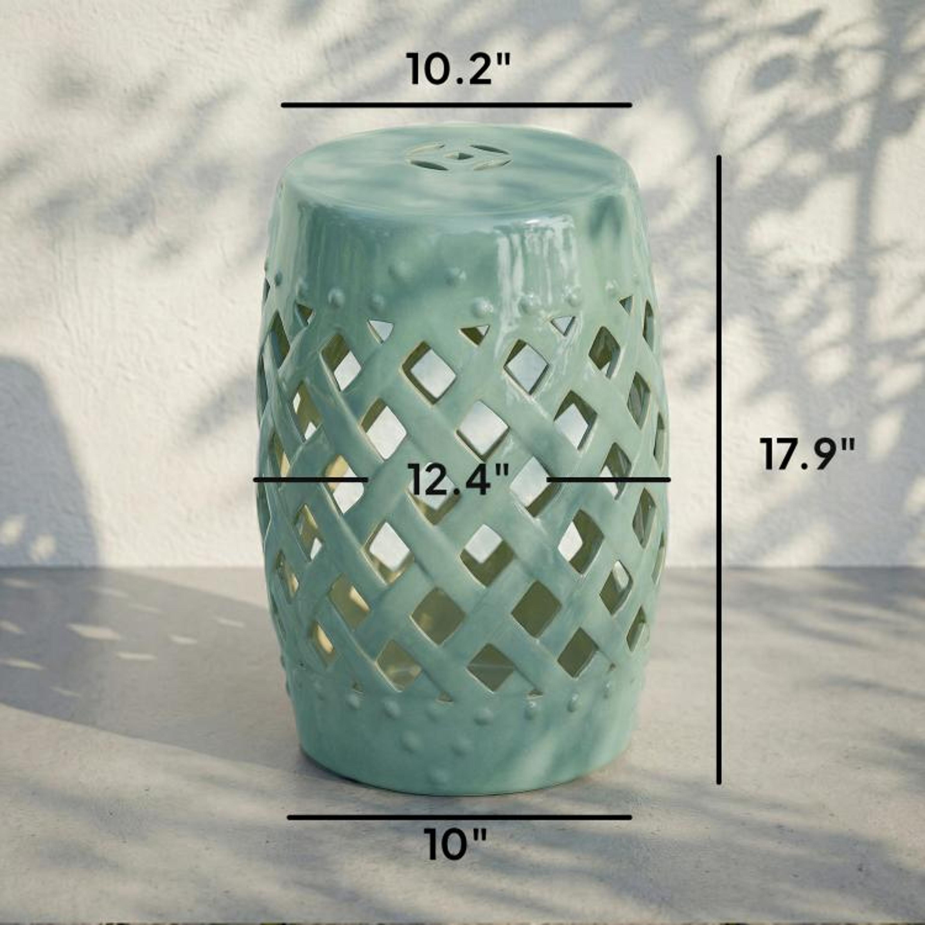 Green Ceramic Garden Stool With Woven Lattice Design 18 Inch 4