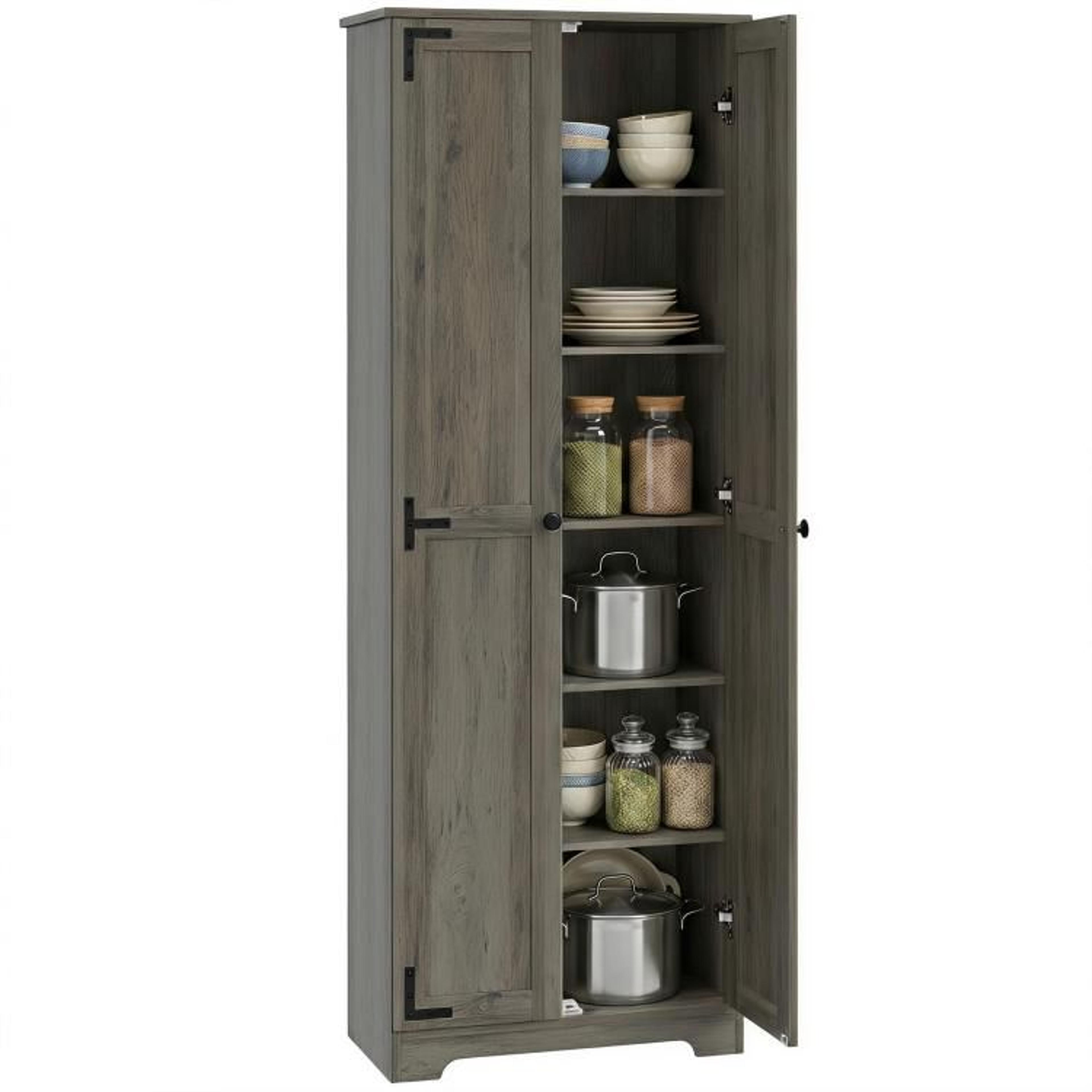 67-inch farmhouse pantry cabinet with adjustable shelves in distressed gray