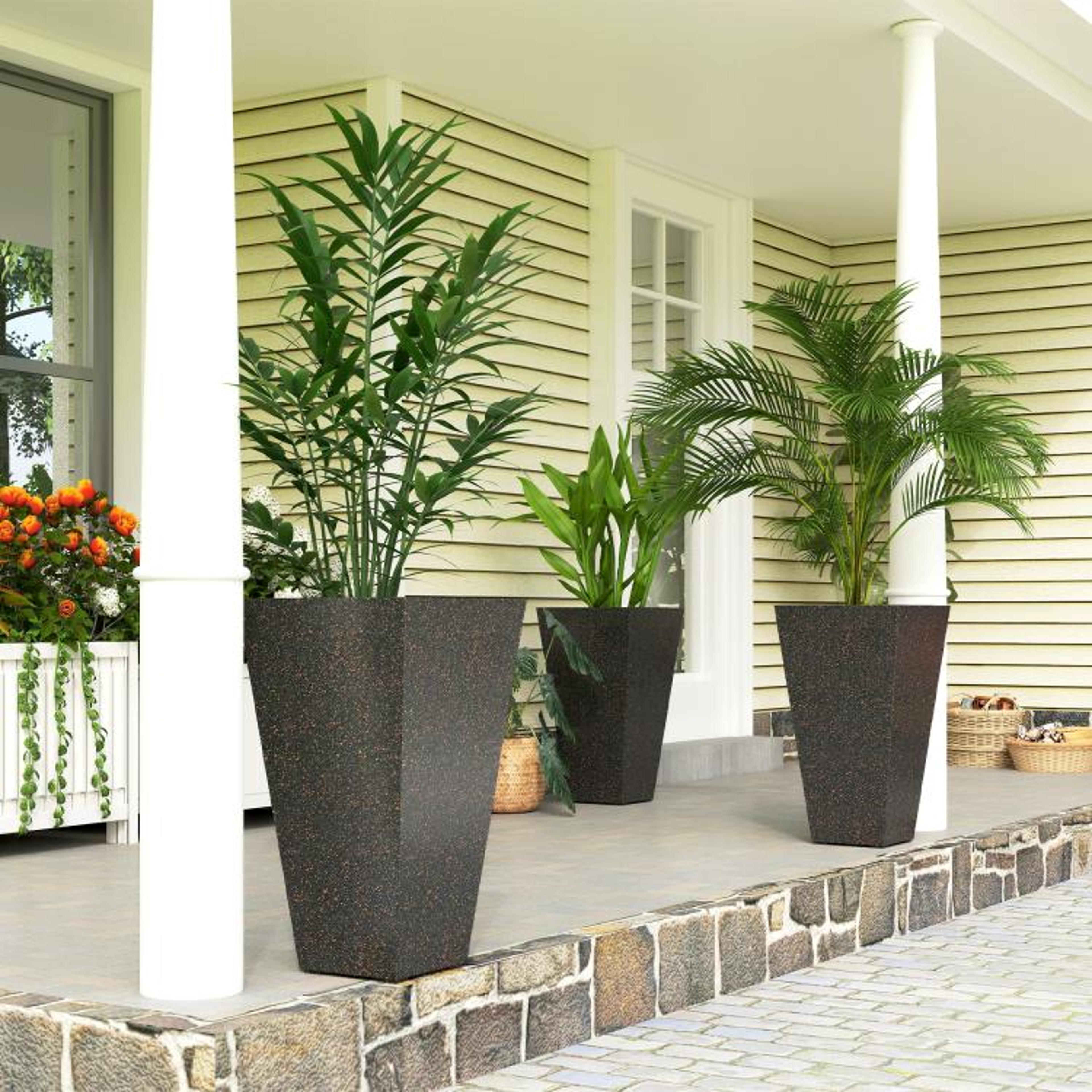 28 Inch Tall Planters Set Of 3 With Marble Finish And Drainage Holes  Brown 2