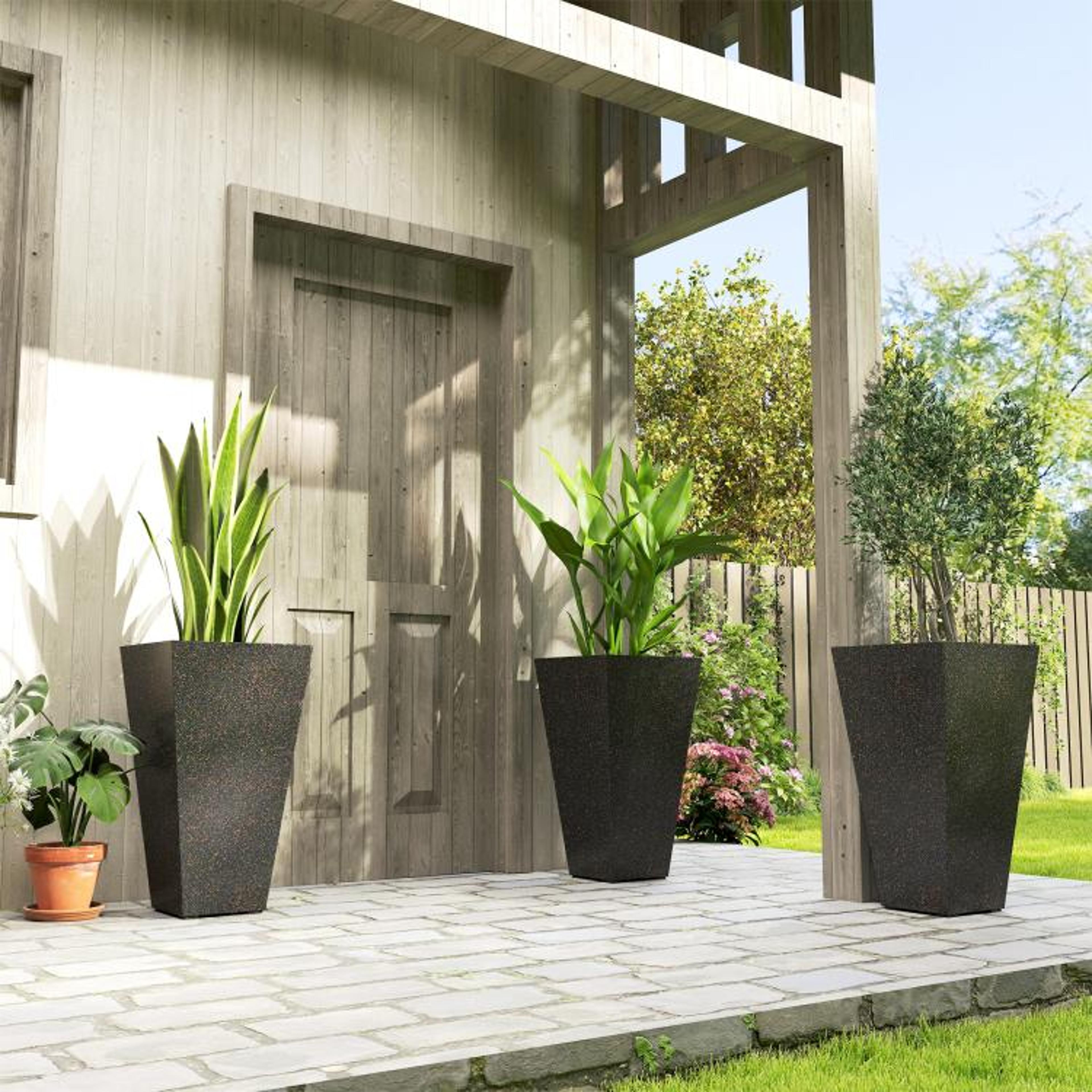 28 Inch Tall Planters Set Of 3 With Marble Finish And Drainage Holes  Brown 3